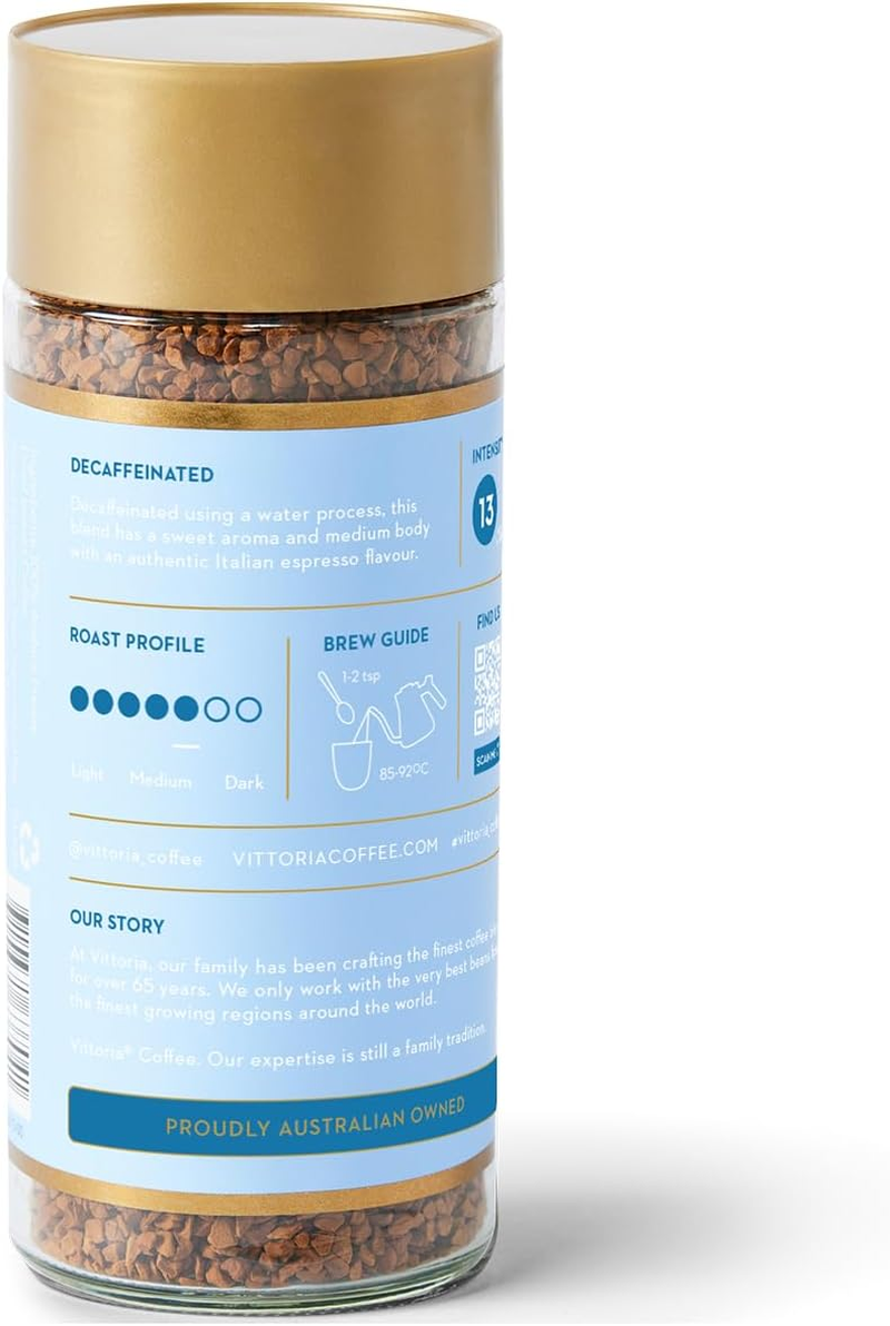 Vittoria Decaffeinated Freeze Dried Instant Coffee. 100% Chemical Free, Medium - Dark Roast Espresso Flavour - 100G