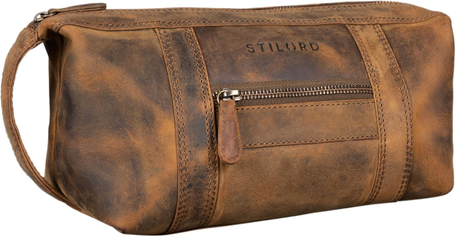 STILORD 'Bruno' Leather Toiletry Bag Vintage for Men Women Large Toiletry Bag Two Compartments Wash Bag with Handle for Travel