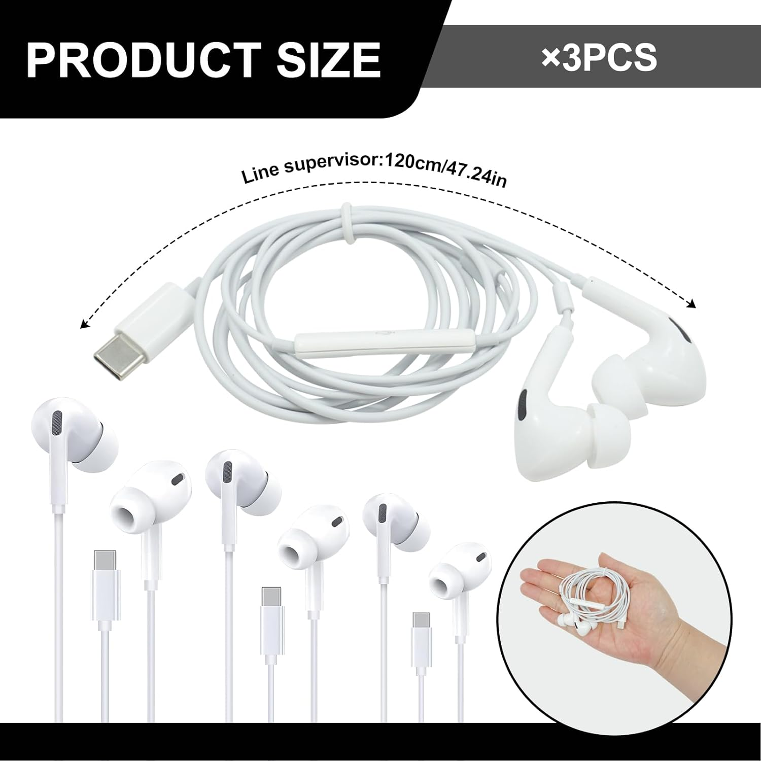 SRLWMYI 3 Pack USB C Wired In-Ear Headphones with Microphone and Volume Control Cable Headphones for Iphones 15/15Pro/15Plus/16/16 Pro/16Plus/Galaxy S24/S23/Google Pixel/Huawei image number 4