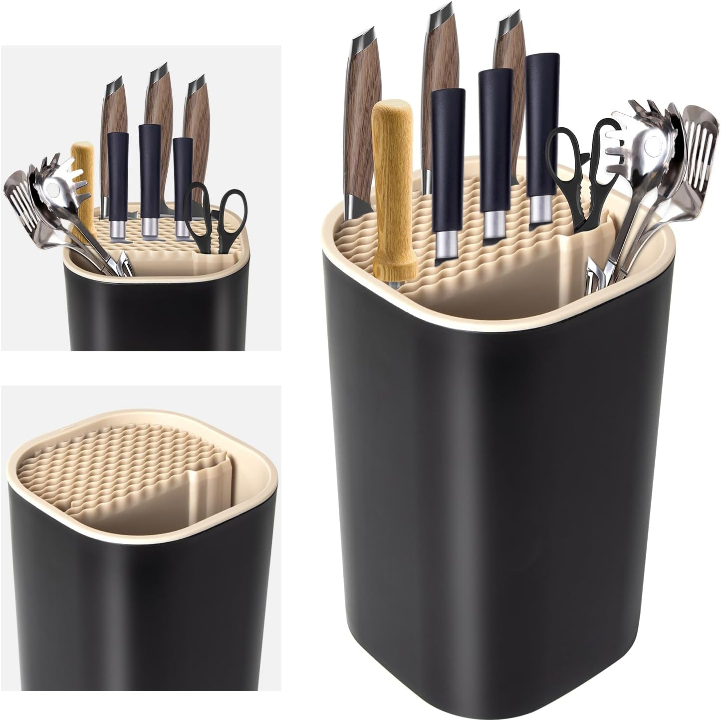 Ninonly 4-In-1 Knife Block without Knives, Universal Knife Block without Knives, Black with Storage Space for Scissors, Sharpening Bar, Knife Holder, Kitchen Utensil Holder, Knife Block Holder for All