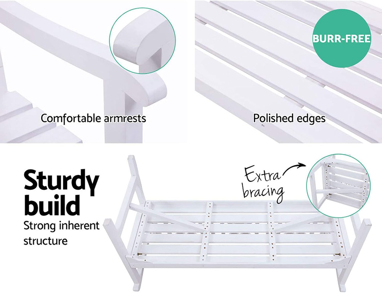 Gardeon Outdoor Garden Bench Seat, 142Cm Length Wooden Benches Relax Lounge Chair Dining Chairs Lounger Park Patio Porch Backyard Terrace Balcony Kids Furniture, with Water Based Paint White image number 2