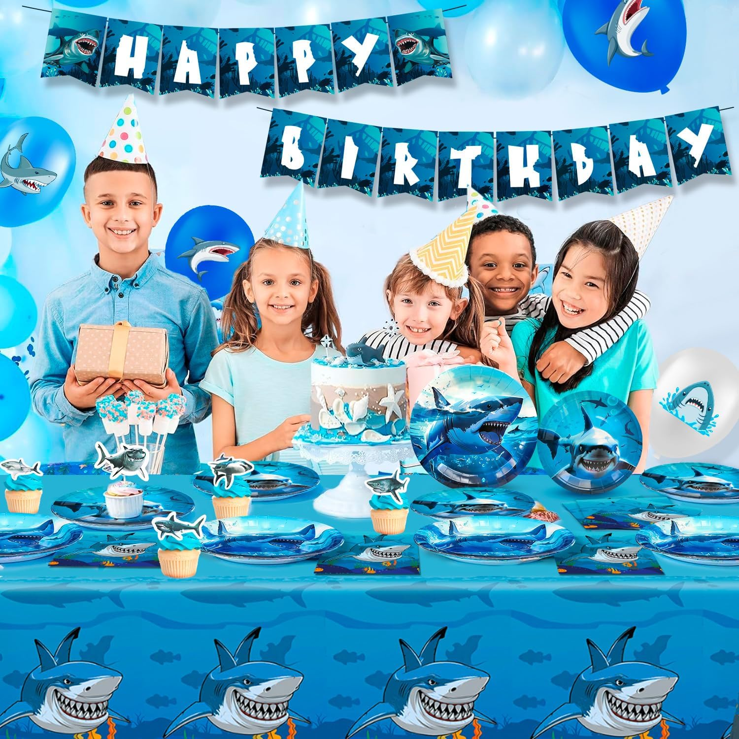 Shark Party Supplies,81 Pcs Shark Birthday Party Decorations & Shark Party Tableware Set - Shark Plates and Napkins Tablecloths & Shark Balloons Banner Shark Cake Toppers Etc Decorations image number 3
