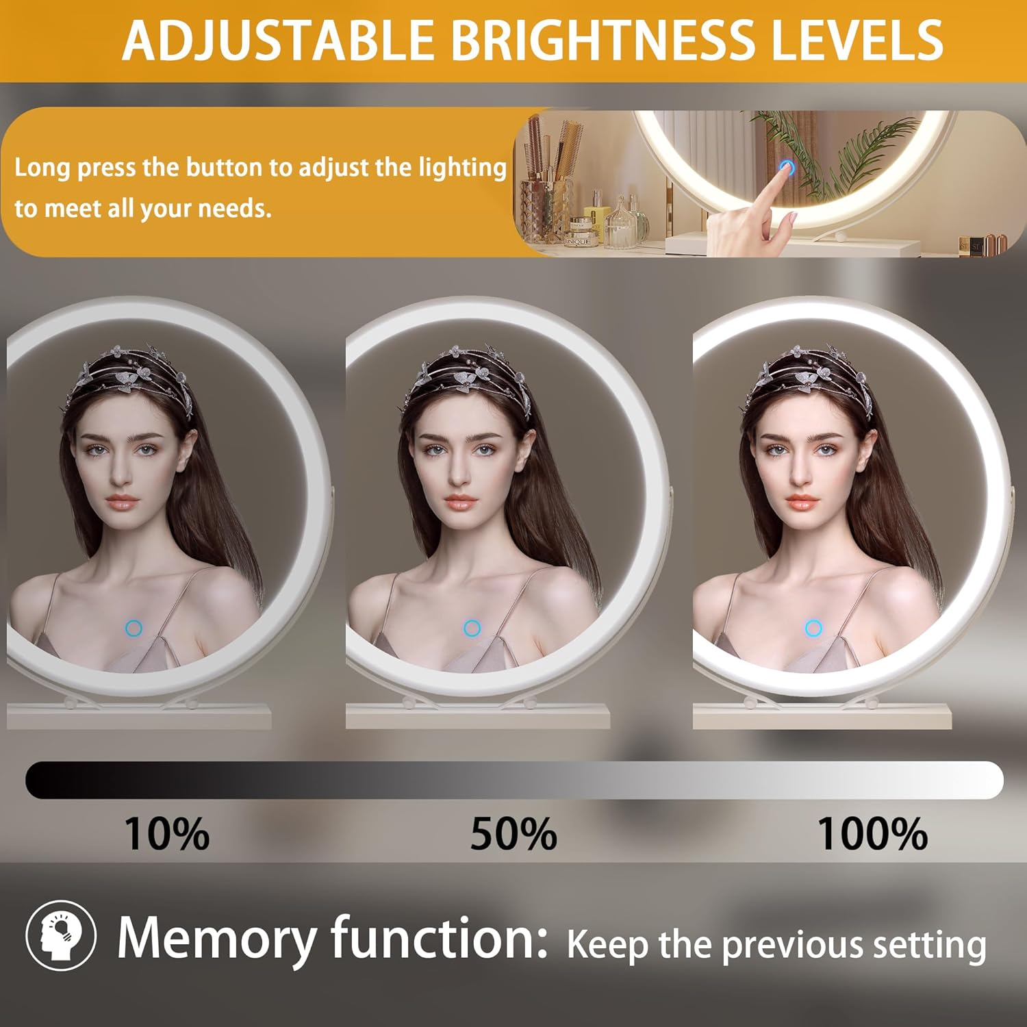 ZKIODV round Vanity Makeup Mirror with Light, 48 X 52 CM LED Lighted Mirror with Dimmable 3 Color Lights, Large Circle Desk Mirror, 360&deg; Light up Mirror for Dresser, Tabletop, Bedroom, White - Round Gold image number 7