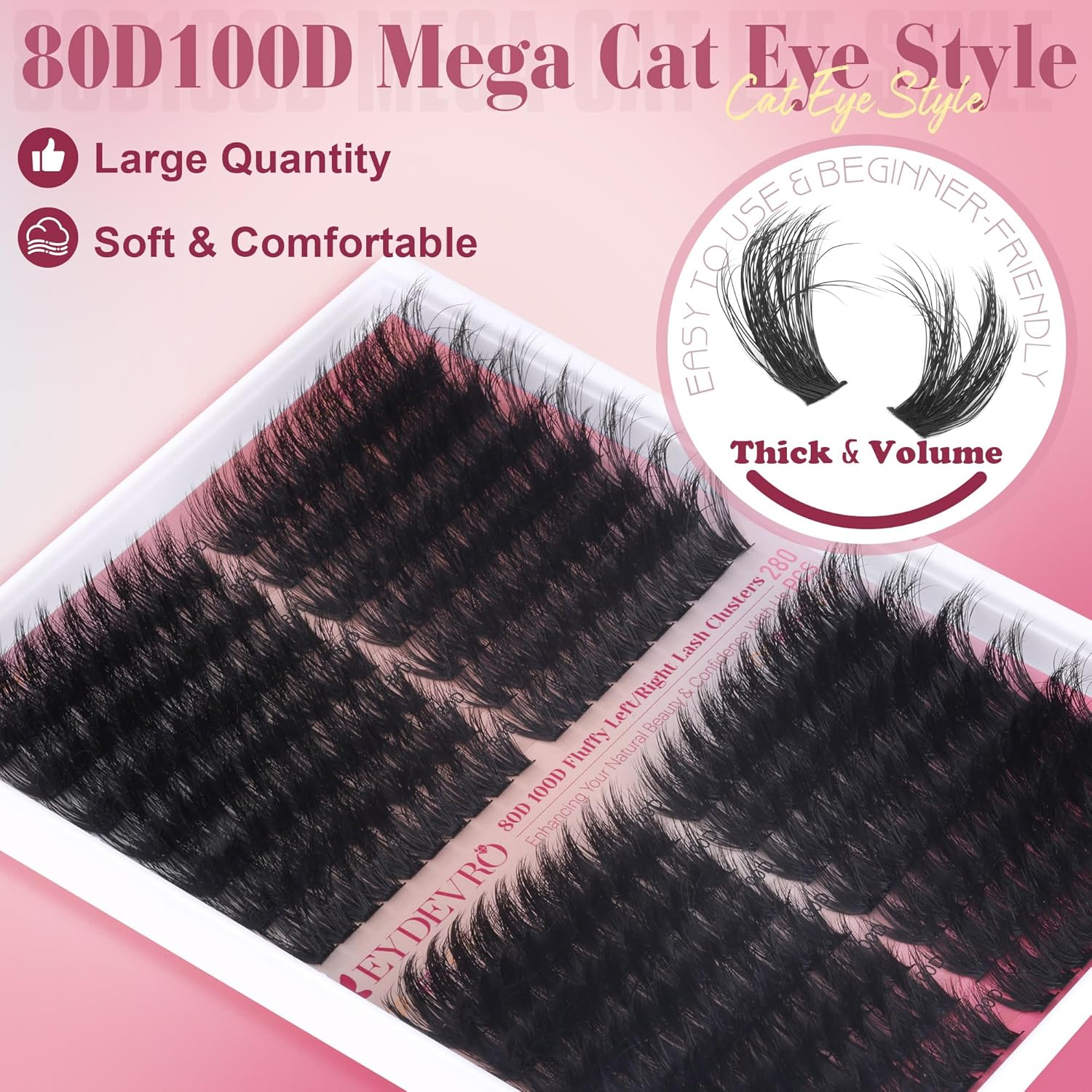 EYDEVRO Fluffy Lash Clusters Kit 80D100D Volume Lash Extension Kit 280 Pcs Left/Right Cluster Eyelash Extension Kit D Curl Thick Mega Lash Clusters with Waterproof Lash Bond and Seal and Lash Tweezers