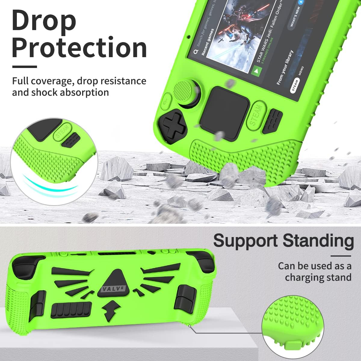 SUIHUOJI Steam Deck/Steam Deck OLED Standing Protective Case, Thickening Silicone Accessories Protector, Soft Cover Skin Shell with 2 Pairs Thumb Grips, Full Protection for Valve Stream Deck (Green) image number 4
