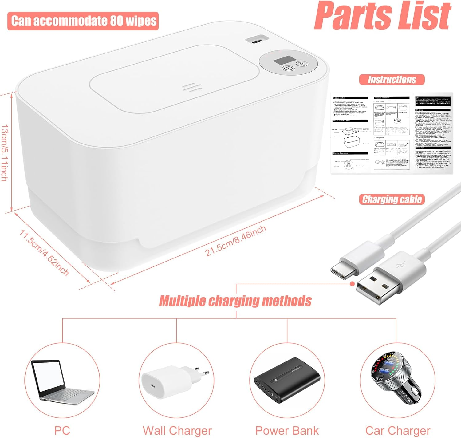 Baby Wipe Warmer with LED Light, 40-55&deg;C Adjustable Baby Wipe Warmer Dispenser, USB Powered Wet Wipes Warmer for Baby Nursery (White) image number 2