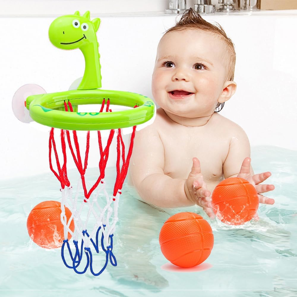 Bathing Toy Bathtub Basketball Hoop, Green Dinosaur Shape Fun Game Gifts in the Bathroom, Including 3 Balls image number 5