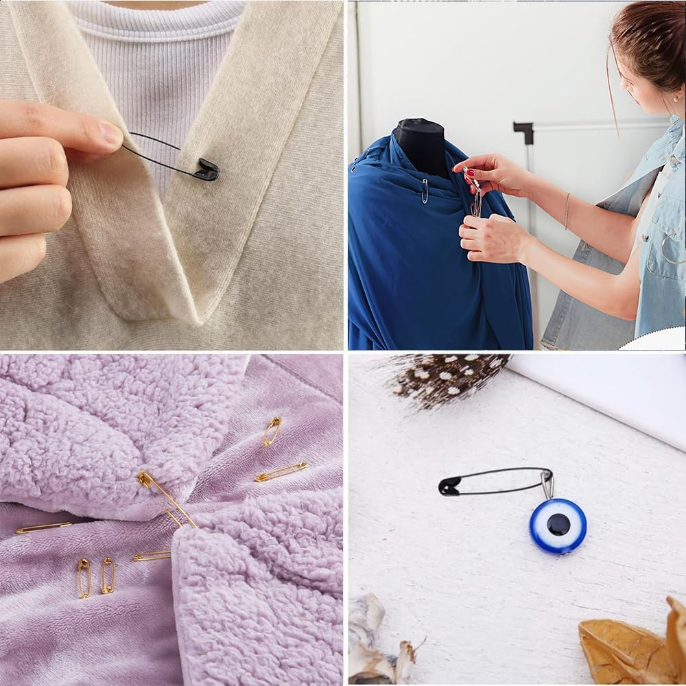 300Pcs Safety Pins By,5 Assorted Sizes, Durable Nickel-Plated Steel Pins, Rust-Resistant & Sharp for Clothes, Sewing, Arts & Crafts (Silver) - Golden image number 2