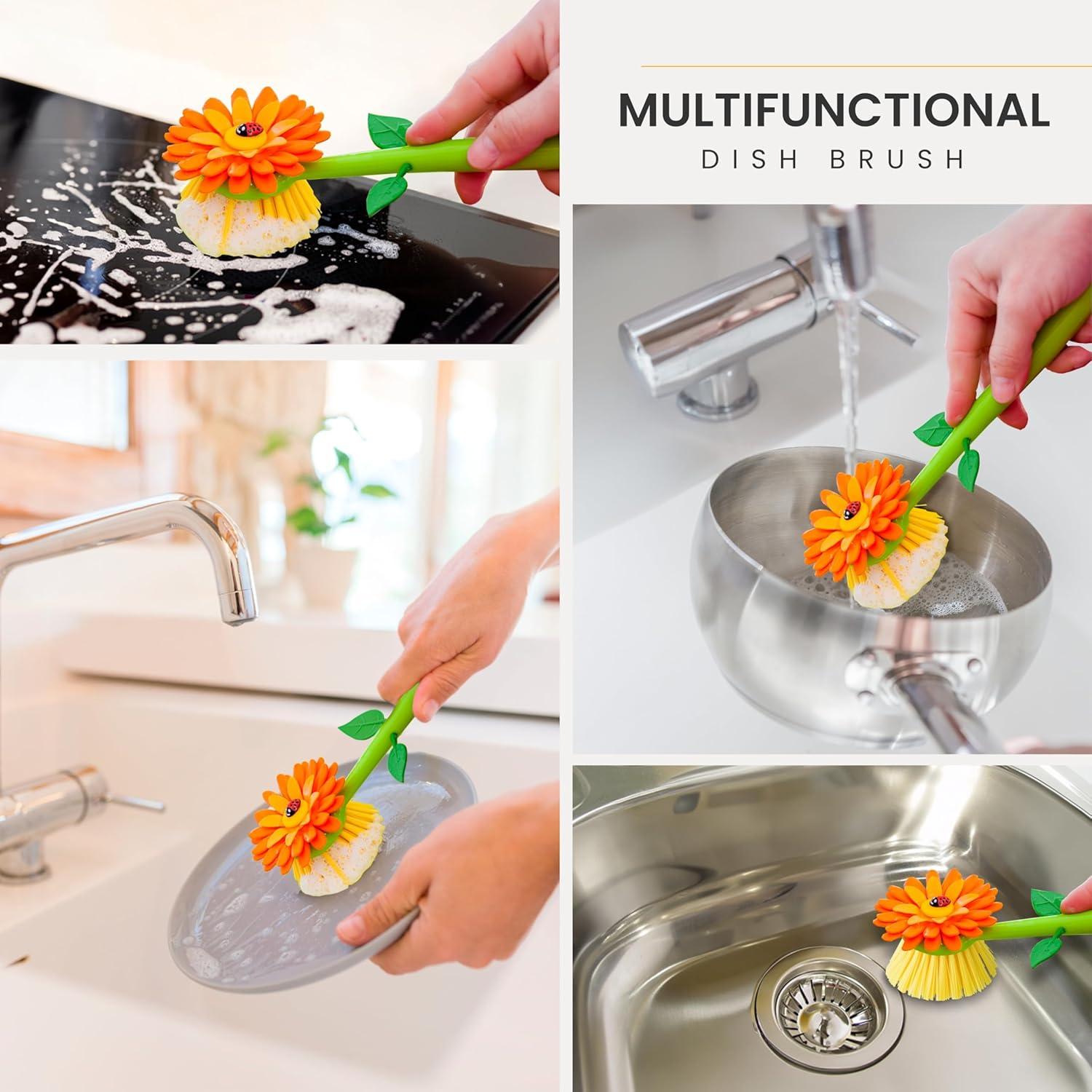 Vigar Flower Power Dish Brush with Vase, Orange (2 Pieces) image number 6