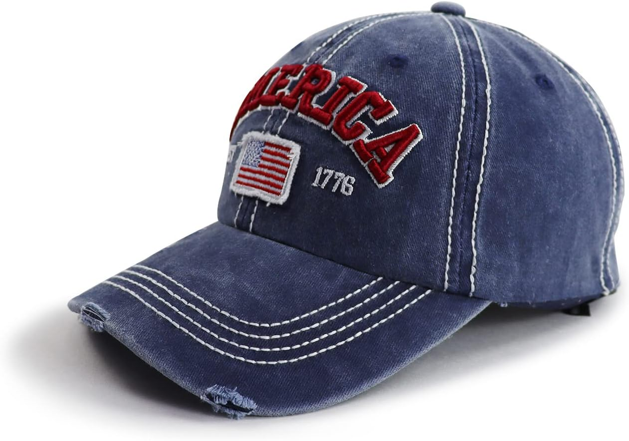 American Flag Hat for Men Women, Funny Adjustable Cotton Embroidered Distressed Baseball Cap image number 6