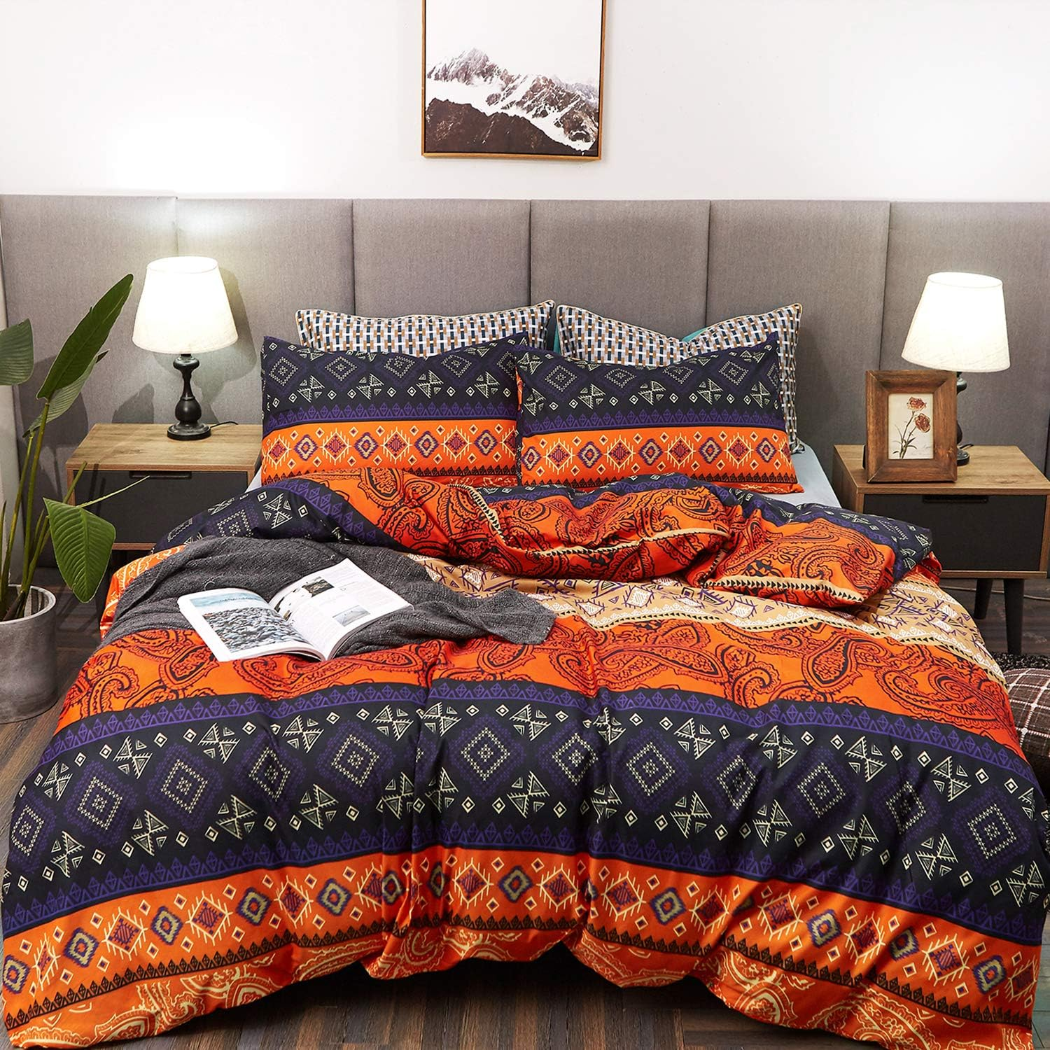 LAMEJOR Duvet Cover Sets Queen Size Bohemia Exotic Pattern Vibrant Color Luxury Soft Bedding Set Comforter Cover(1 Duvet Cover+2 Pillowcases) Orange/Teal Purple