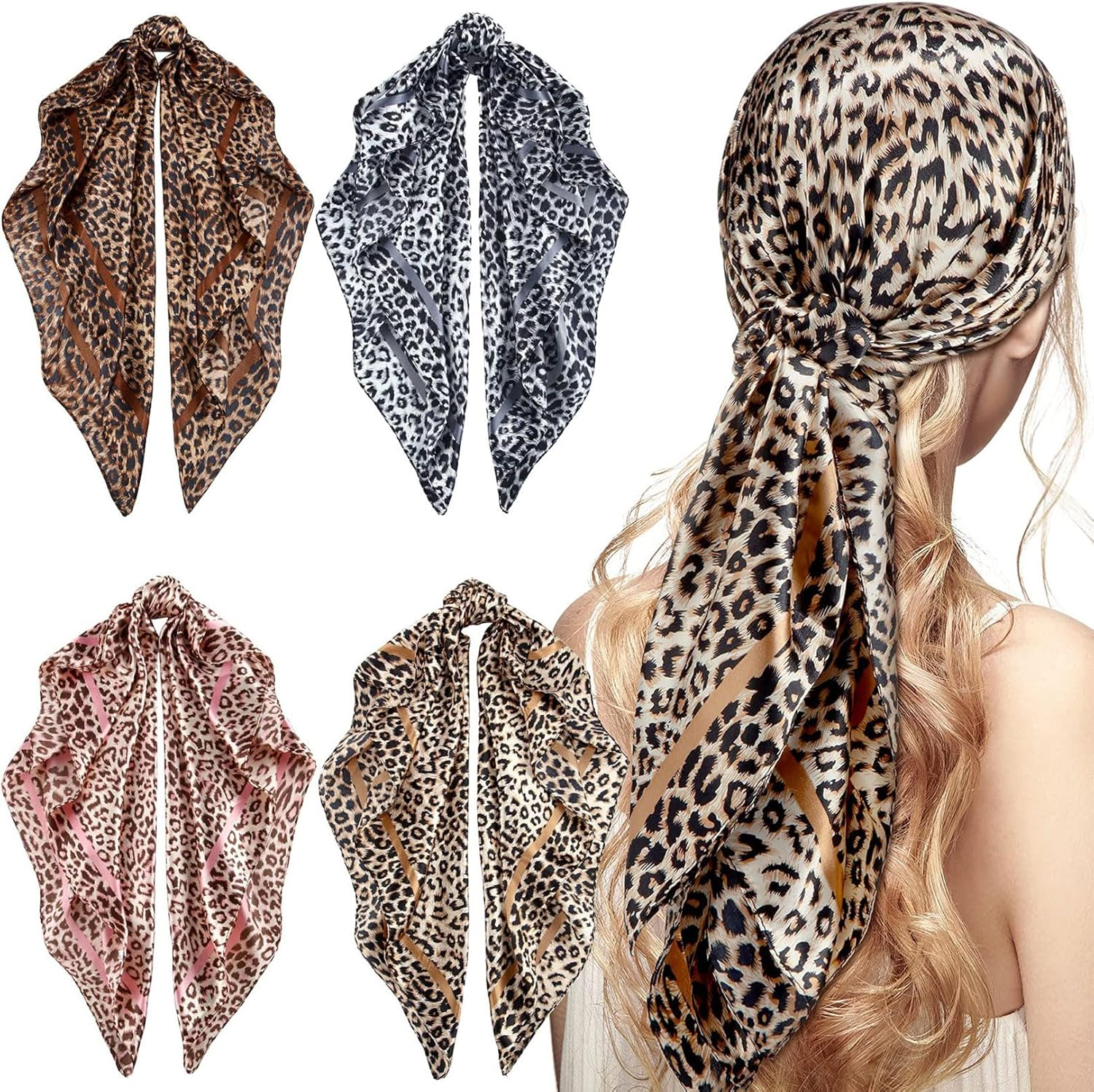 4PCS Head Scarf for Women Satin Headband Scarves Silk Feeling Scarf Boho Headwear Vintage Bandanas for Sleeping Dress Up