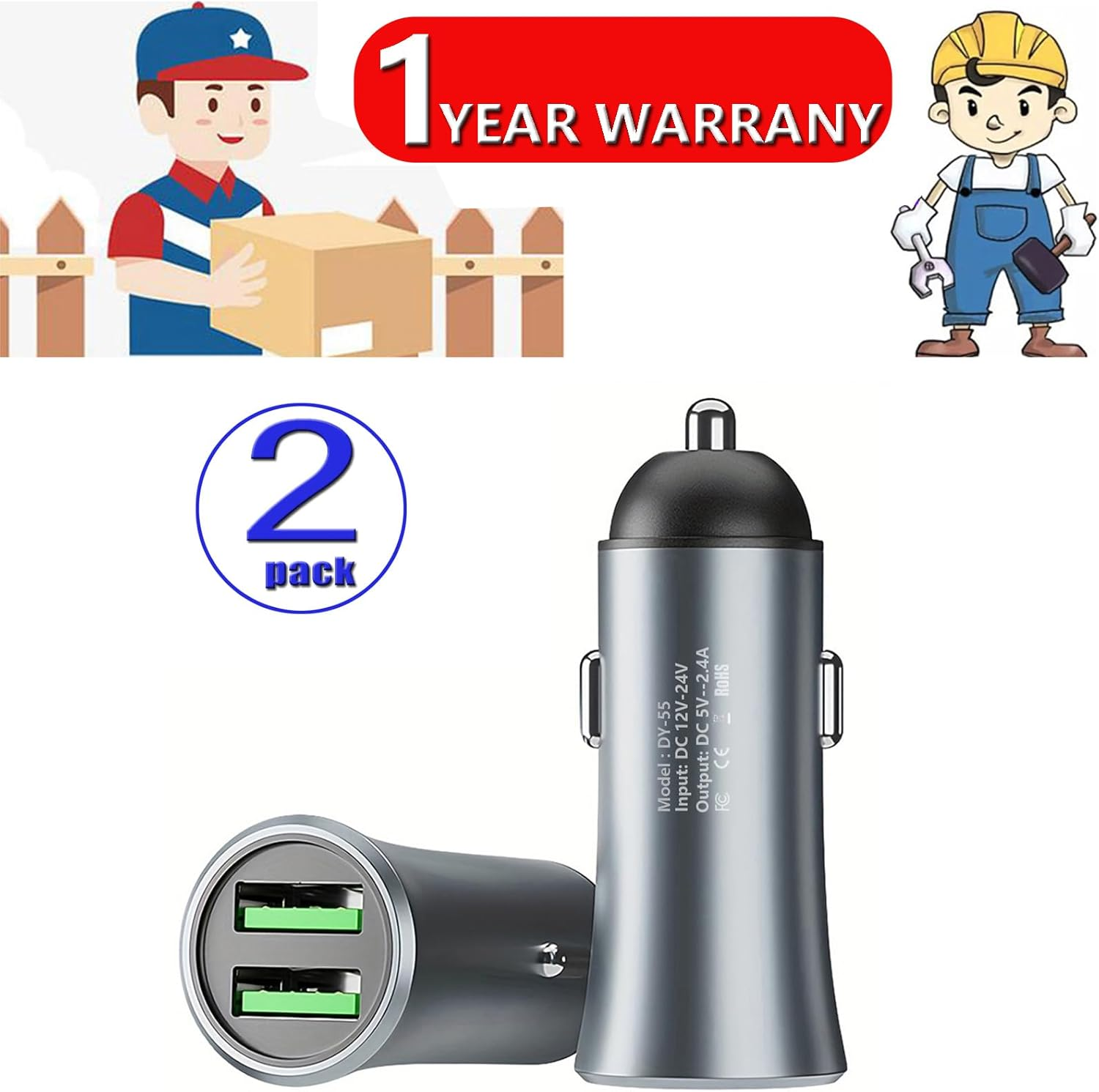 Danyee Car Charger Adapter 【2PACK】 Dual USB Car Charger, 5V 2.4A Cigarette Lighter Adapter Compatible with IP 16/15/14/13/12/11/SE/XR/X/XS, SM S24/S23/S22/S21/S20, Pixel 8/7/6 (2USB 5V-2.4A)