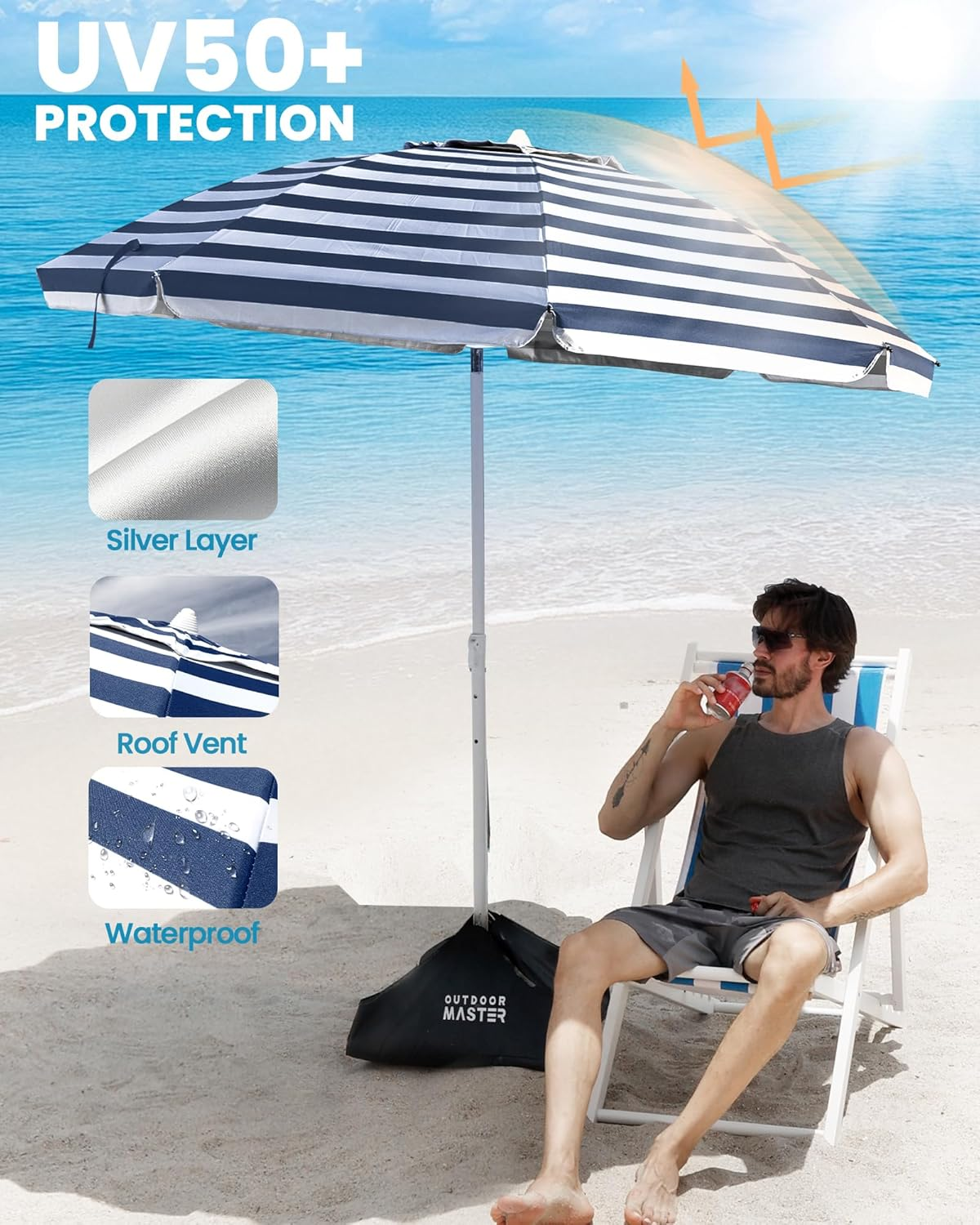 Outdoormaster Beach Umbrella with Sand Bag - 6.5Ft Beach Umbrella with Sand Anchor, UPF 50+ PU Coating with Carry Bag for Patio and Outdoor (A01 Navy Striped) image number 5