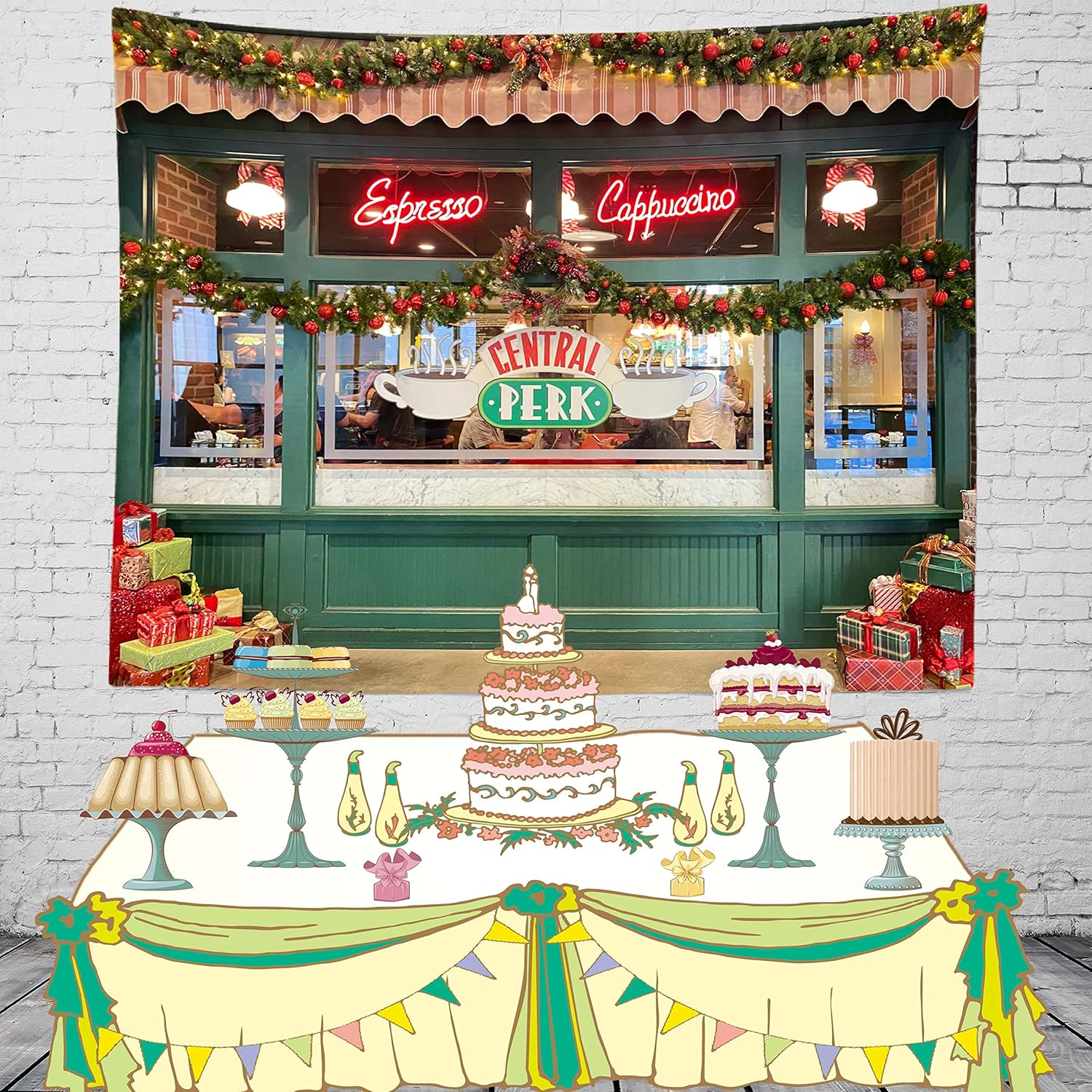 BELECO 5X3Ft Fabric Friends Photography Backdrop Central Perk Pub Cafe Background Christmas Holiday Decorations 80S 90S Friends Theme Birthday Party Supplies Portraits Photoshoot Photo Booth Props image number 2