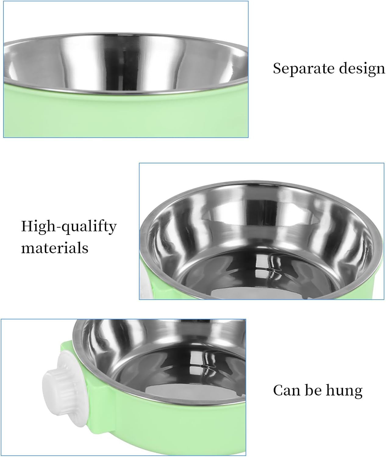 Anseom Pet Crate Water Bowls 2 Pcs, Large Capacity Dog Cage Water Bowls Removable Stainless Steel Hanging Cat Feeding Bowls with Bolt Holder for Dogs Cats Small Animals Blue and Green