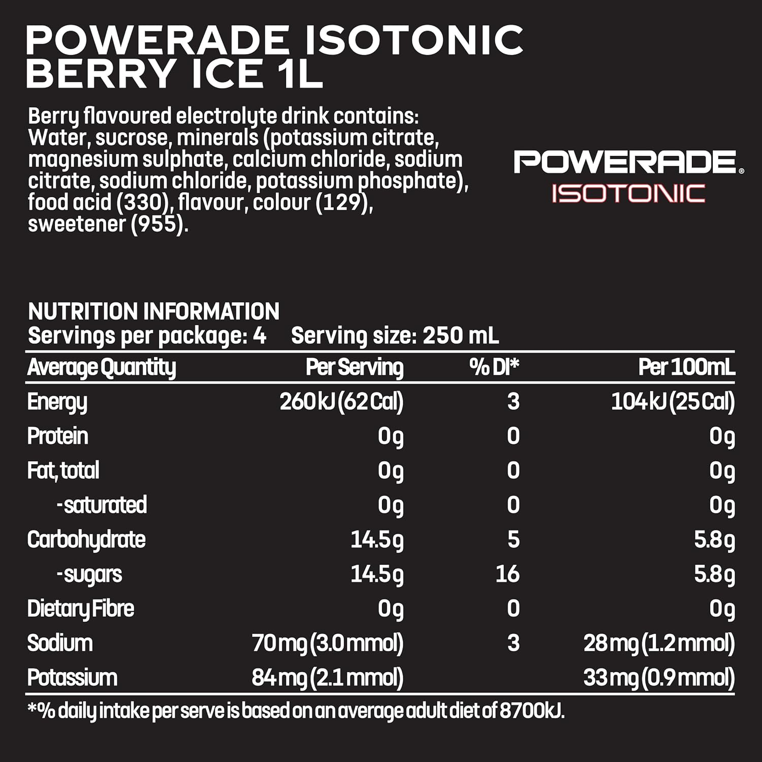 Powerade ION4 Berry Ice Sports Drink Multipack Sipper Cap Bottles 12 X 1L