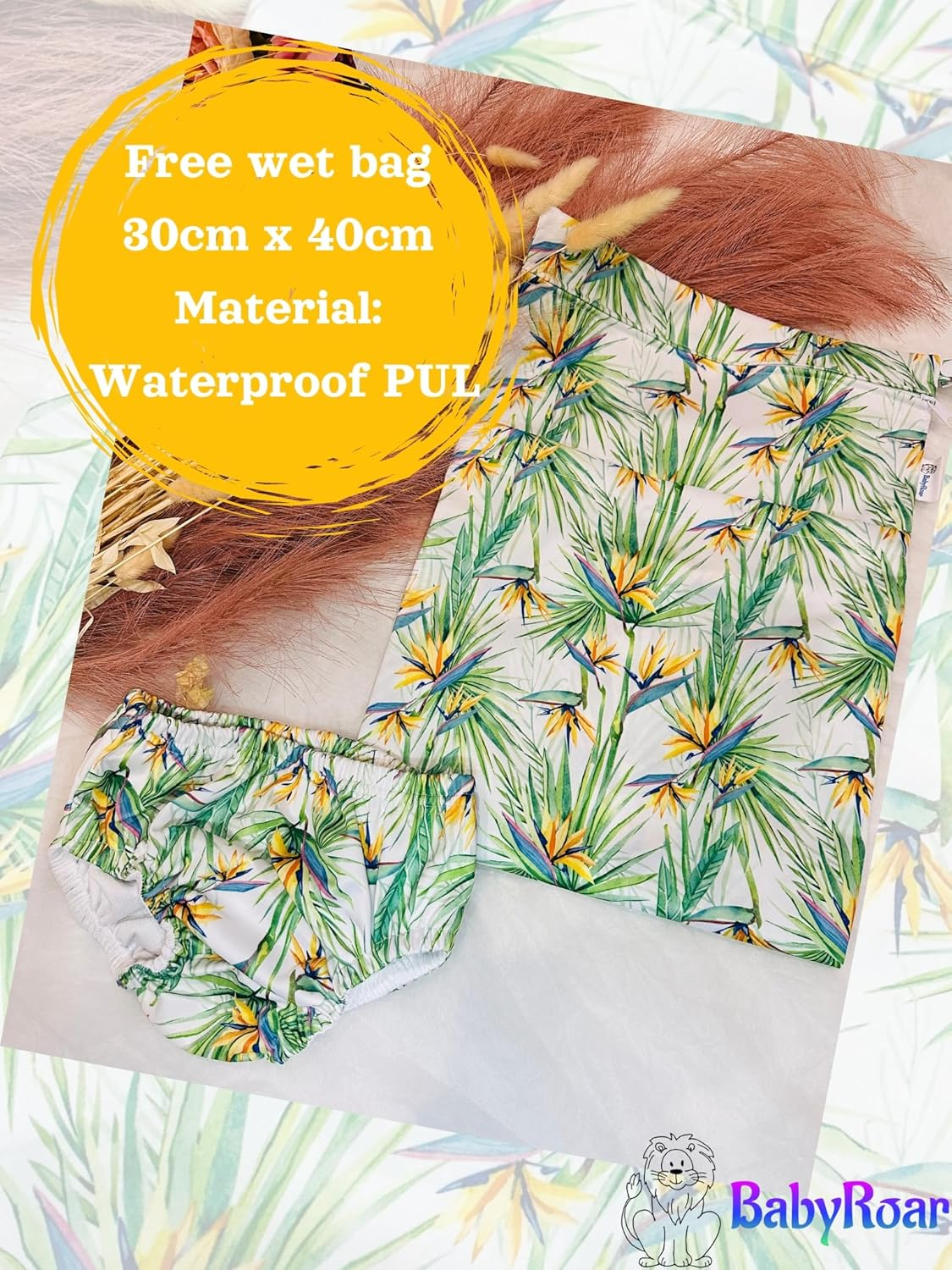 Babyroar Reusable Swim Nappy &ndash; Pull-Up Nappy/Diaper + BONUS Wet & Dry Bag with Double Zipper &ndash; (Dual Pockets Keep Wet & Dry Items Separate) &ndash; Leak-Proof, Eco-Friendly. Perfect for Water Fun! (Birds of Paradise Bloom, XL); Child, Toddler and Baby image number 6