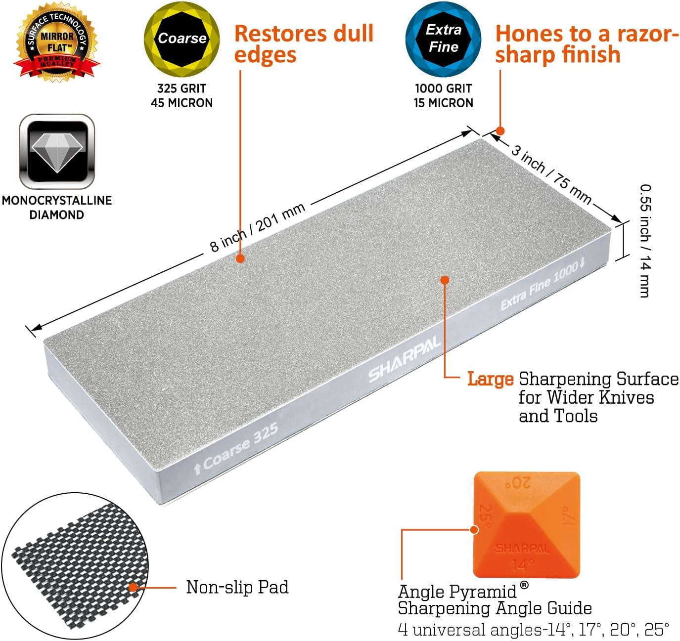 SHARPAL 168H Large 8" X 3" Dual-Grit Diamond Sharpening Stone &ndash; Coarse 325 & Extra-Fine 1000 Grit Monocrystalline Diamond Whetstone, Professional Knife Sharpener with Anti-Slip Pad and Angle Guide image number 4