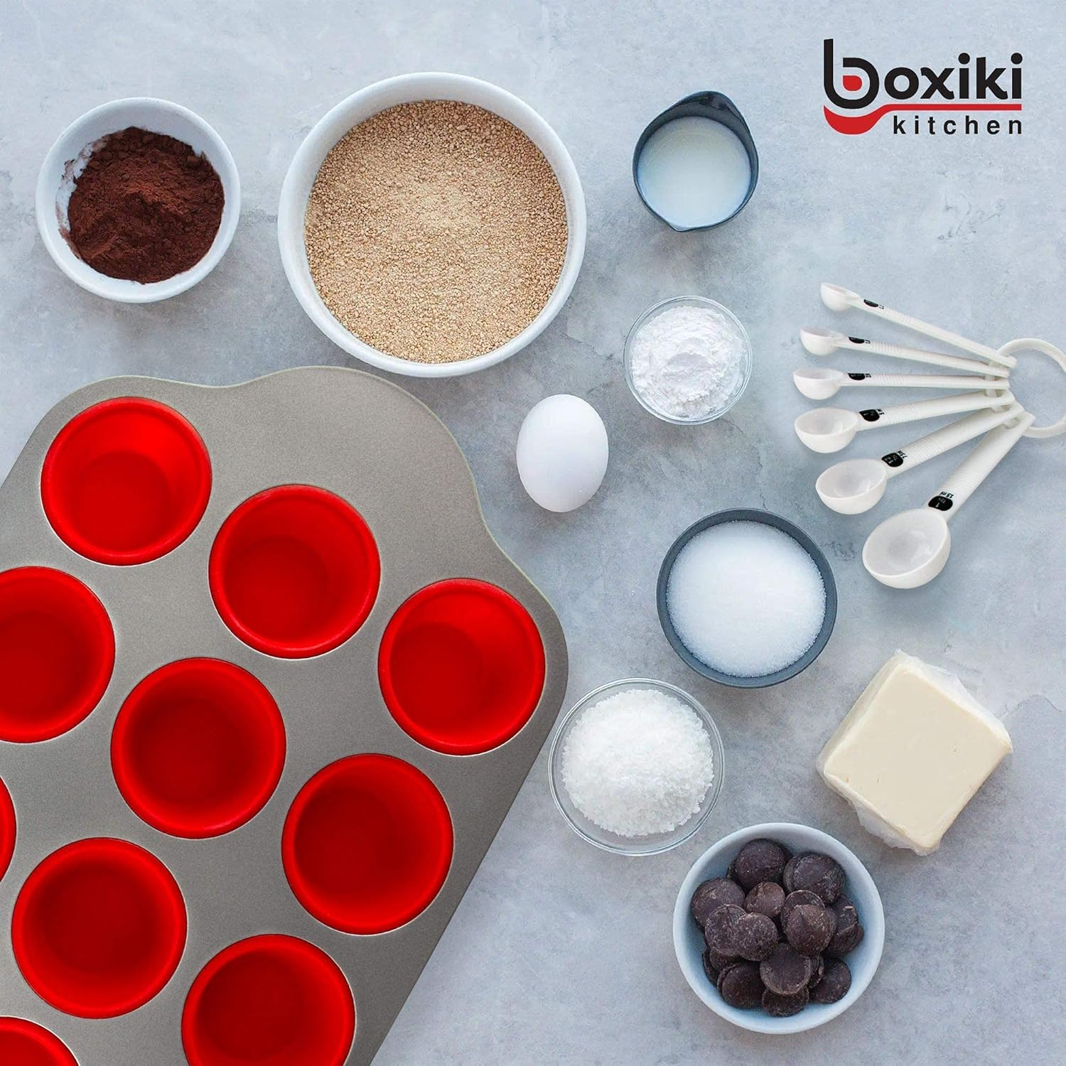 Silicone Baking Molds, Pans and Utensils (Set of 13) by Boxiki Kitchen | Silicone Cake Pan, Brownie Pan, Loaf Pan, Muffin Mold, 2 Spatulas, Brush and 6 Measuring Spoons image number 4
