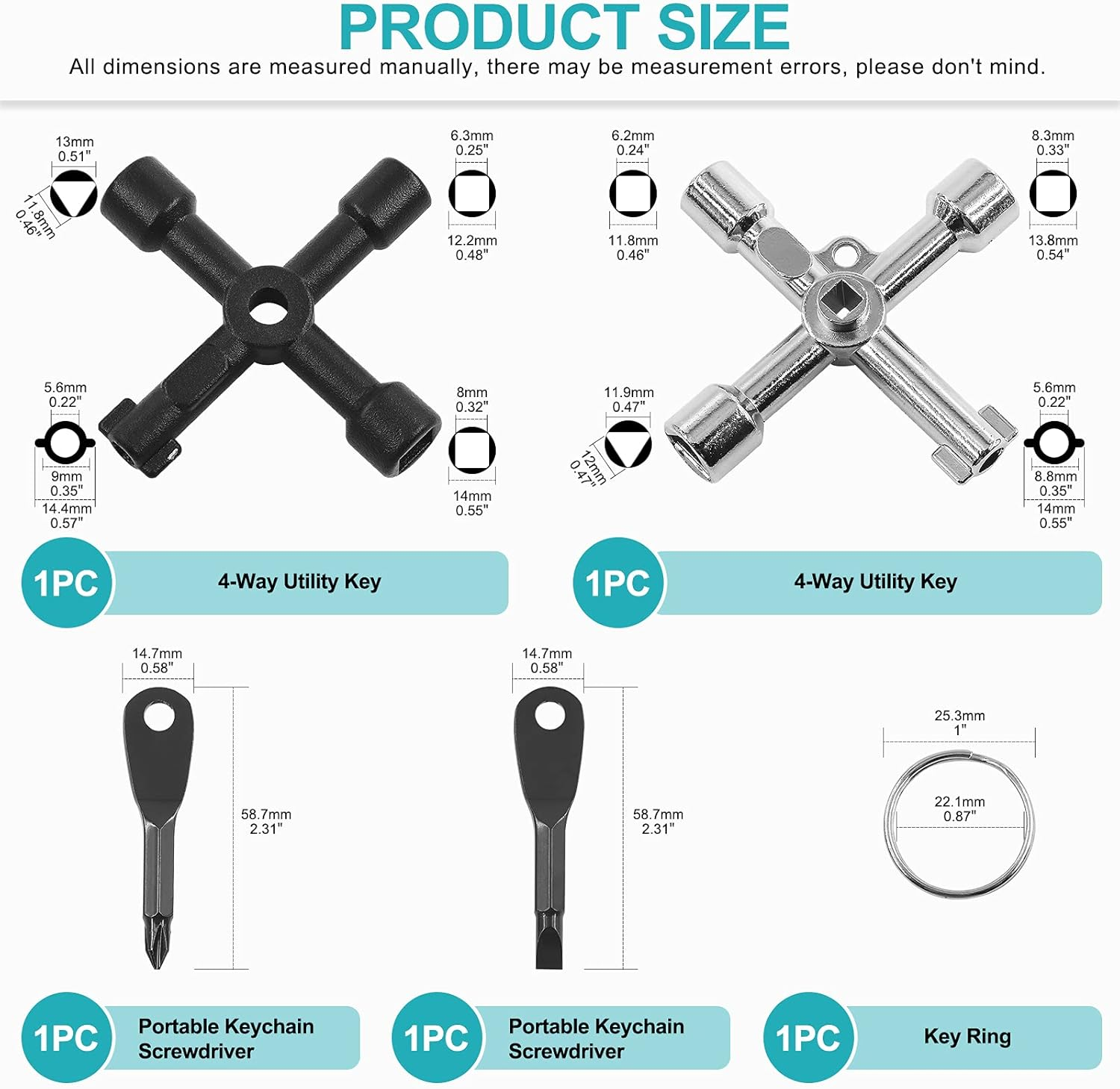 Cimeton 12Pcs Multi Functional Utility Tool Key Kit Including Two Types 4 Way Cross Keys, Two Keychain Screwdriver, Four round Triangle Electrical Spanner Key, Five Water Tap Faucet Keys and Key Ring image number 4