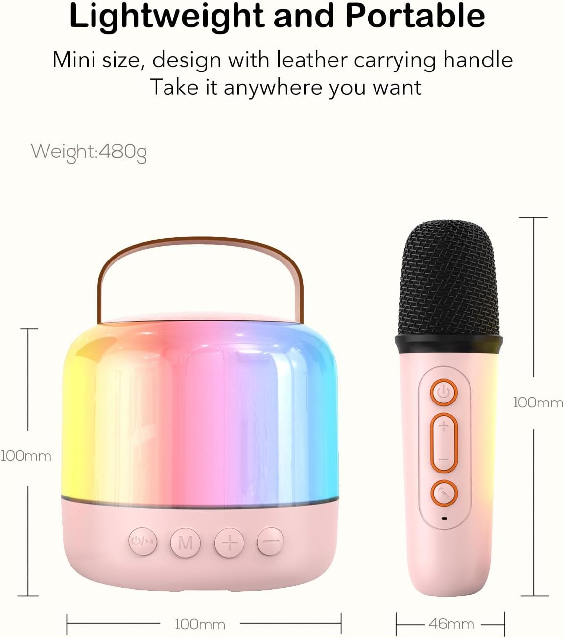 Karaoke Machine with 2 Microphones, Portable Bluetooth Karaoke Machine for Children Adults with Voice Changing Effects & LED Lights Boys Girls Gifts Toy (Pink) image number 3