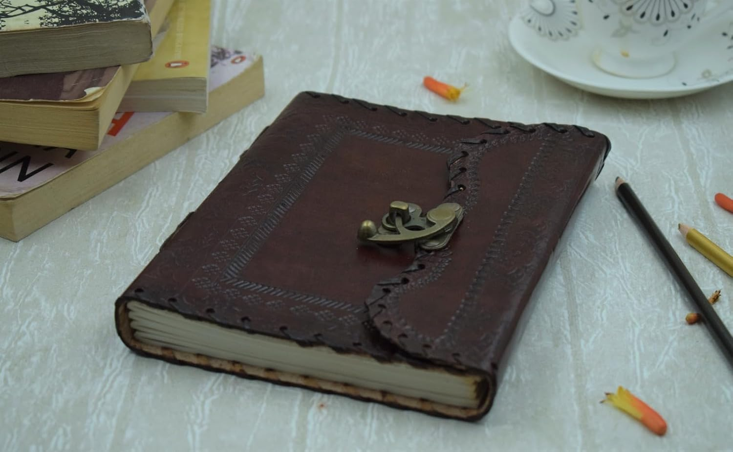 OVERDOSE Mehrab Brass C-Lock Leather Journal - Handmade Antique Stone Journal Diary Leather Sketchbook Drawing Notebook - 6 X 8 Inches | 15 X 20 Cm | A5 image number 1