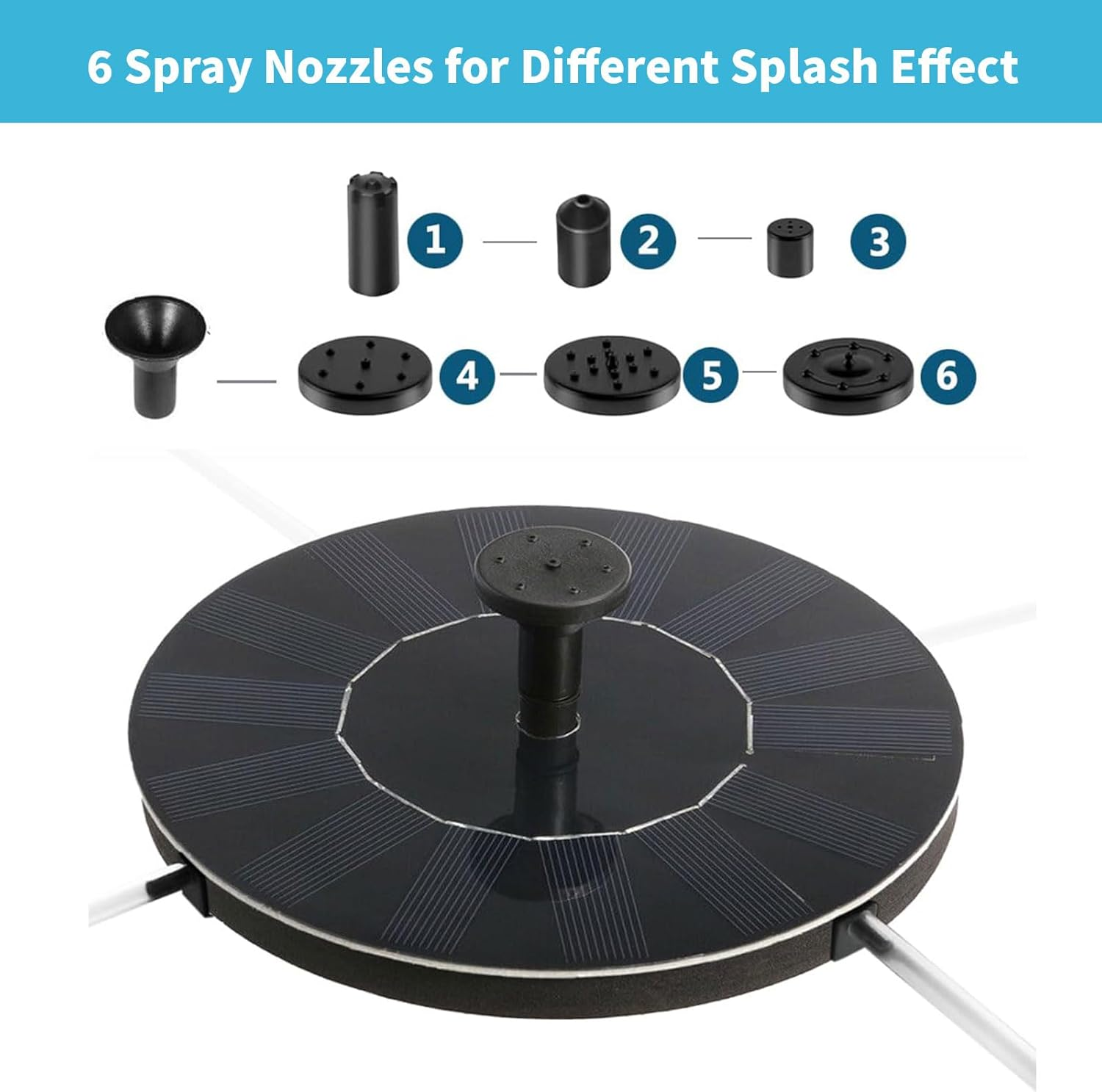 Solar Fountain for Bird Bath, 16CM Floating Solar Powered Water Fountain with 6 Nozzles &ndash; No Electric Needed, Beautify Garden, Attract Birds &ndash; Ideal for Birdbath, Pond, Pool, Patio image number 4