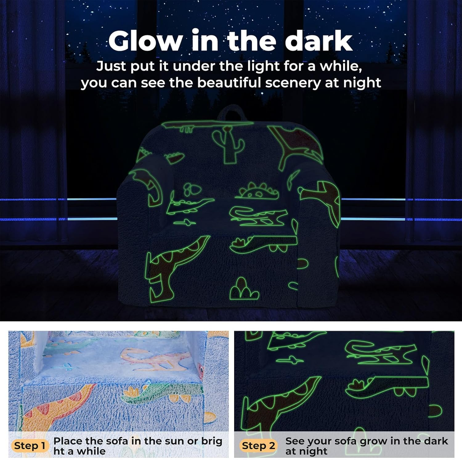 Bopeep Toddler Chair, Glow in the Dark, Bean Bag Chair for Kids Children, Armchair Sofa Chairs with Handle, Removable Cover, Playroom Living Room, Bedroom, Dinosaur Pattern Couch for Girls and Boys image number 3