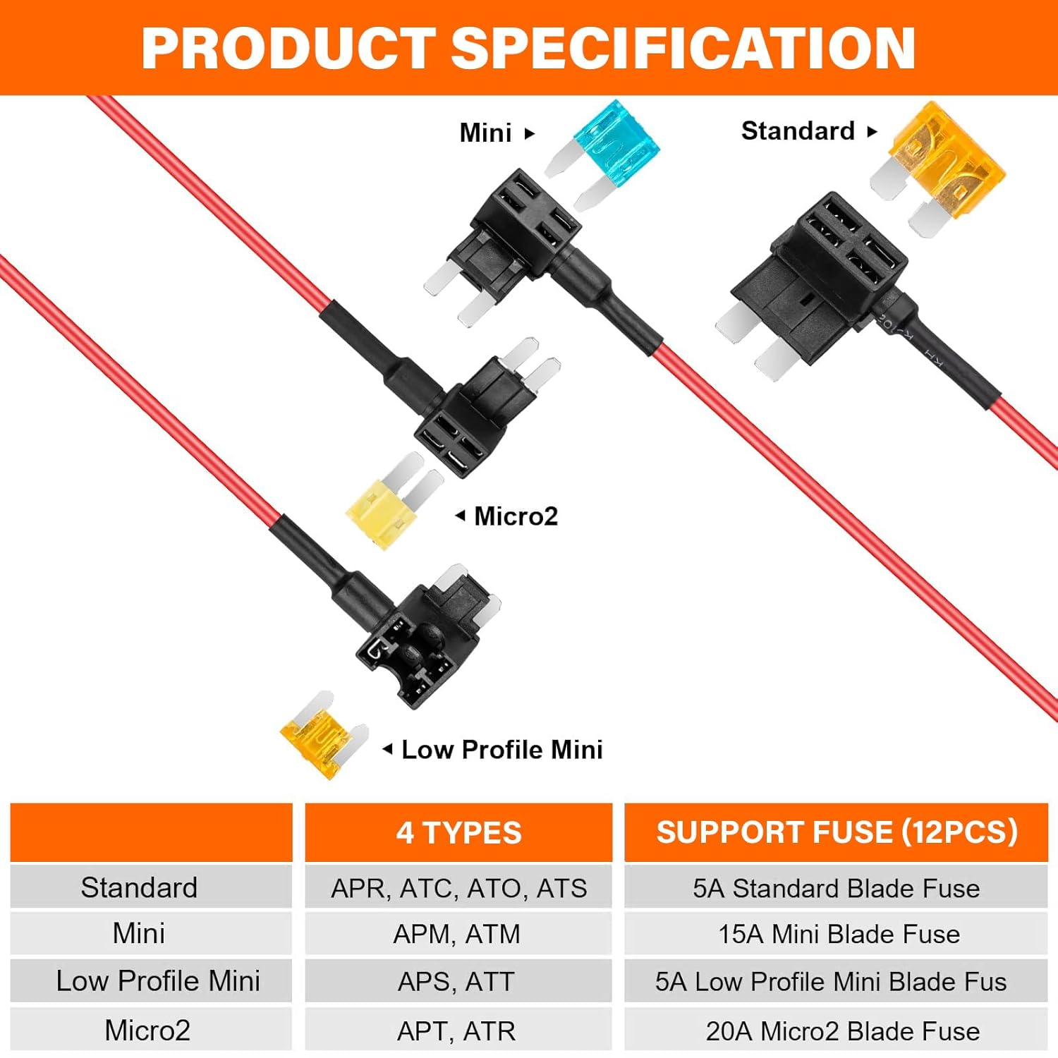 12 Pack 12V Fuse Taps: Add-A-Circuit, Dual-Slot, Easy Install, Compatible with Cars, Trucks, Boats, Includes 3 Standard, 3 Mini, 3 Micro2, 3 Low Profile Mini Taps & 12 Blade Fuses image number 1