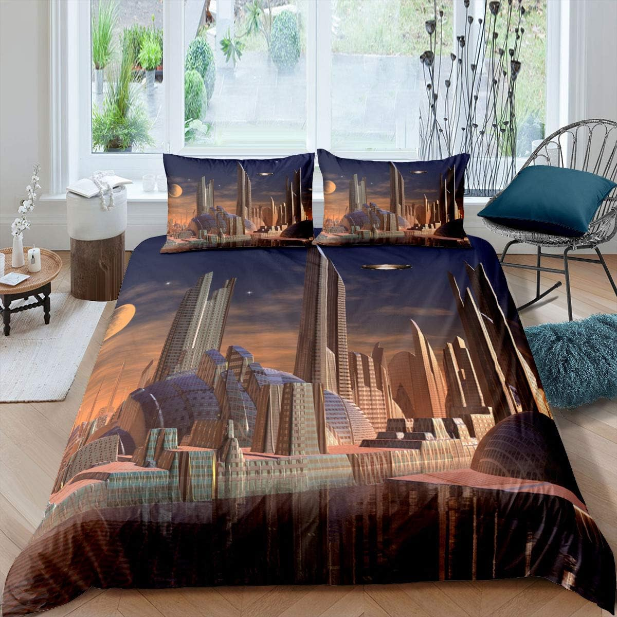 Homewish Space Bedding Set Science Fiction Duvet Cover Set Starship Future Comforter Cover for Children Teen Boys Planets Alien Universe Cosmos Space Theme Duvet Cover with 1 Pillowcase 135 X 200 Cm