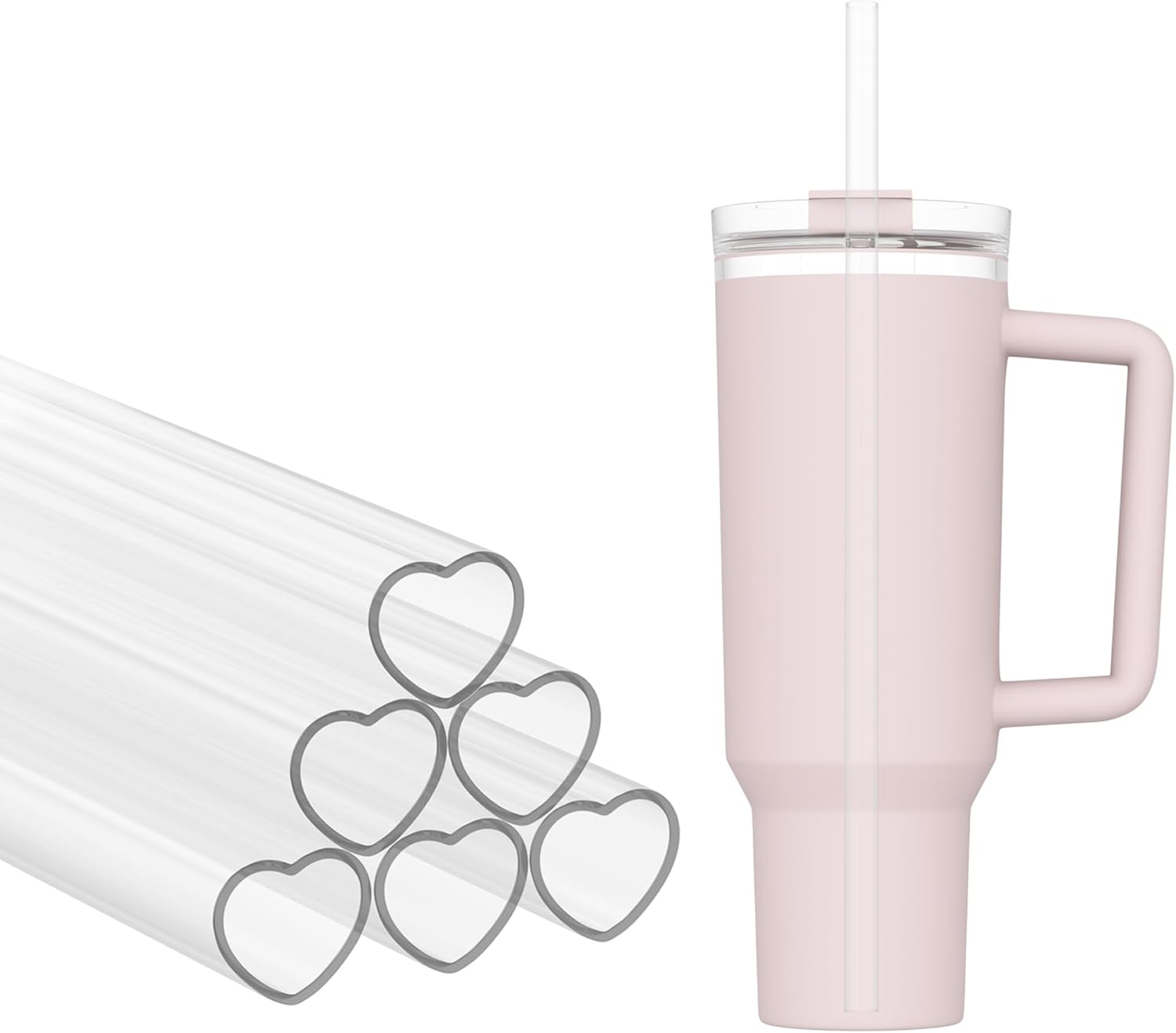 6 Pack Replacement Straws Compatible with Stanley 40 Oz 30 Oz Cup Tumblers, Reusable Long Thick Transparent Plastic Straw with 2 Cleaning Brushes, Easy to Clean, Food Grade & BPA Free (Round Shaped)