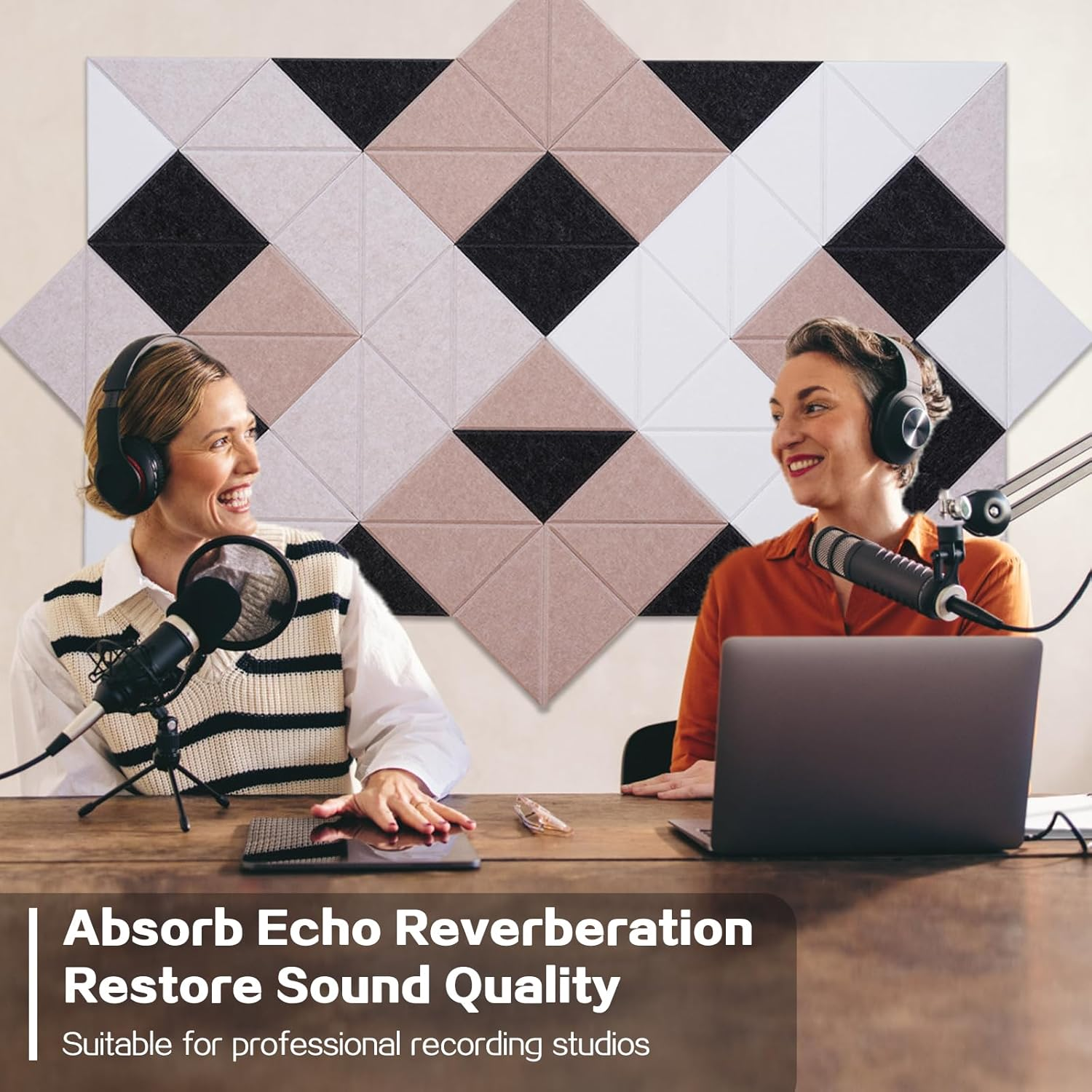 Tutmyrea 64 Pack Self-Adhesive Triangular Acoustic Panels, High Density Sound Absorbing Soundproof Wall Decoration Dampening Panels for Recording Studios, Homes, and Offices(Camel)