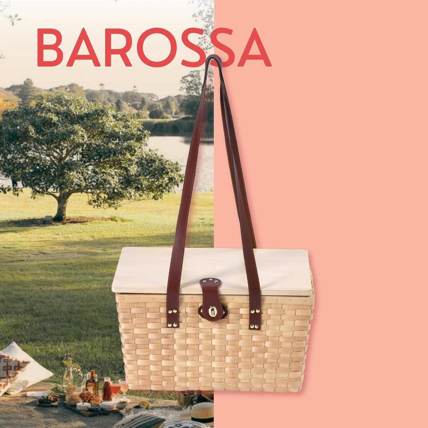 Vibes Barossa 4 Person Natural Wicker Picnic Basket Set Peach Lining Willow Wood with Carry Straps Outdoor Travel Camping Hamper Set Included, Cutlery, Plates, Wine Glass, Corkscrew, Cheese Board