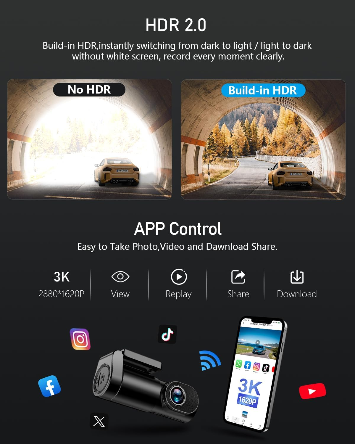 Range Tour 3K Dash Cam Front Wifi Car Camera with 64G Card and 3-Core Hardwire Kit for 72 Hours Parking Monitor, 0.96" Display Driving Recorder, APP Control, HDR 2.0, Loop Recording, Night Vision image number 4