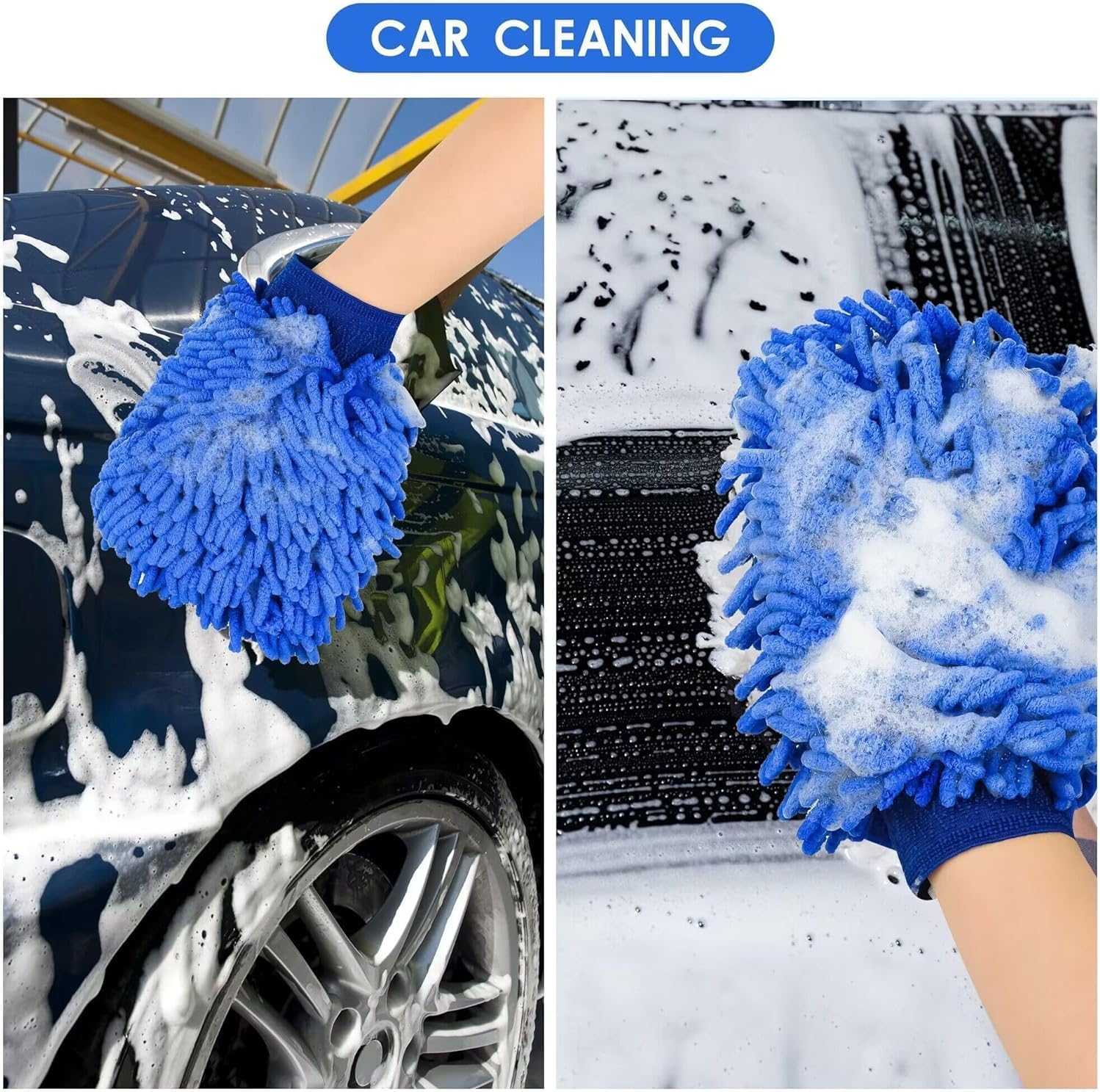 2 Pcs Car Wash Mitt Double Sided Soft Microfiber Glove Machine Washable Chenille Durable for Cleaning(Blue & Yellow) image number 5