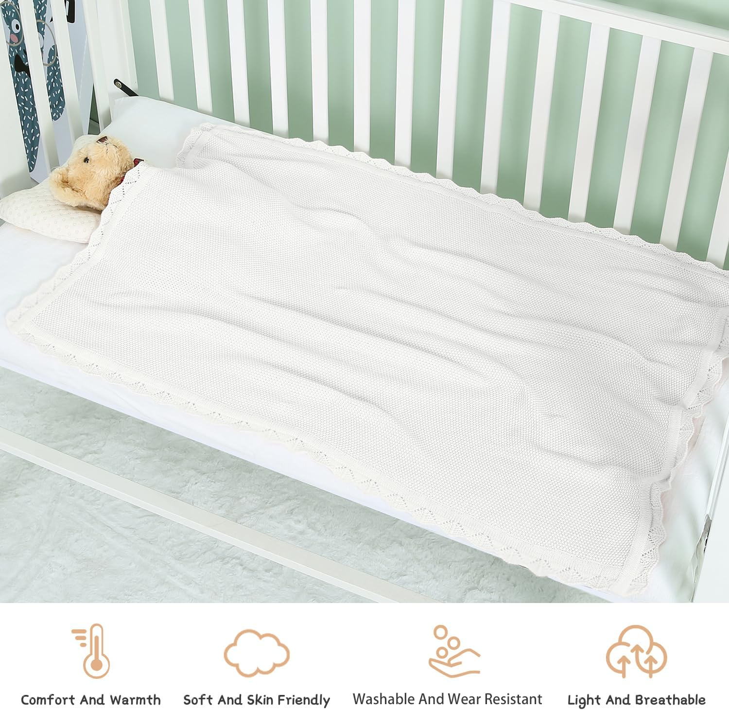 100% Cotton Baby Blanket Knit Lace Soft Warm Toddler Blanket,30 X 40 Inches，White - Green image number 4