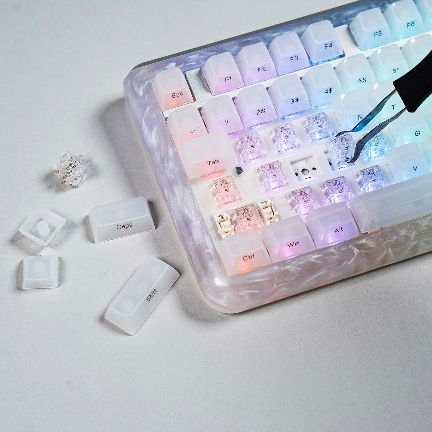 Kiiboom Jade75 75% CNC+UV Resin Molding Mechanical Keyboard with RGB Backlits, Bt5.0/Usb-C/2.4Ghz Wireless Gaming Keyboard, QMK&VIA Programmable, Hot-Swappable for Windows/Mac/Linux (White) image number 5