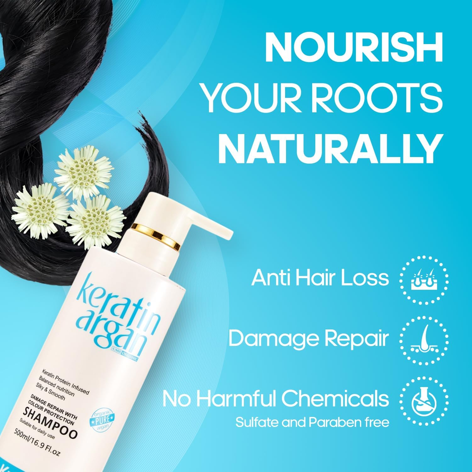 Professional Keratin Shampoo with Argan Oil 16.9Oz &ndash; Damaged Hair Shampoo, Damage Repair, Anti-Hair Loss, Silky Smooth, Sulfate & Paraben Free, for All Hair Types - 500Ml image number 3