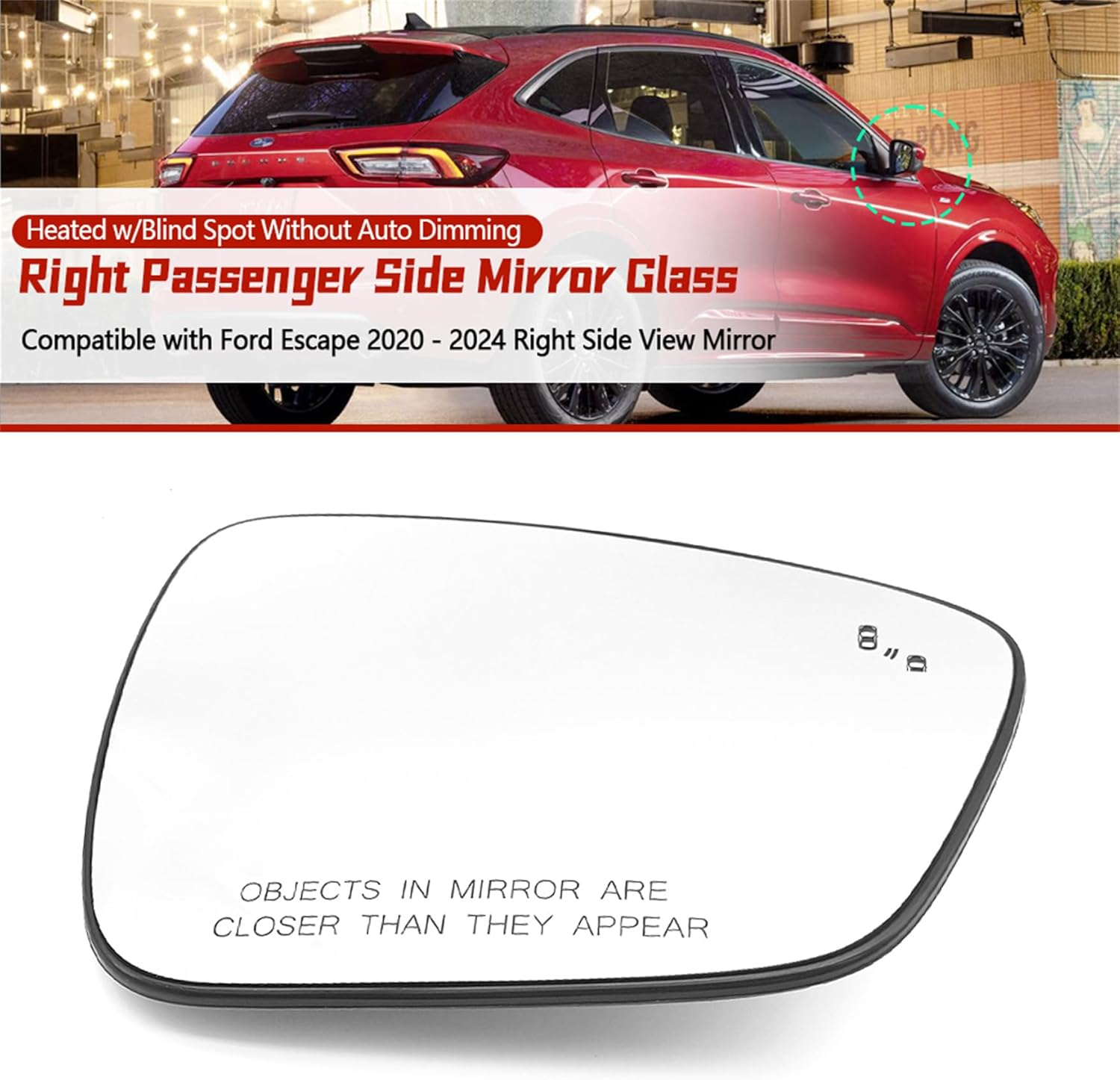 SIDMILE Passenger Side Heated Mirror Glass W/Blind Spot Automotive Replacement Parts Fit for Ford Escape 2020-2024 Right Side Mirror with Backing Plate without Auto Dimming image number 4