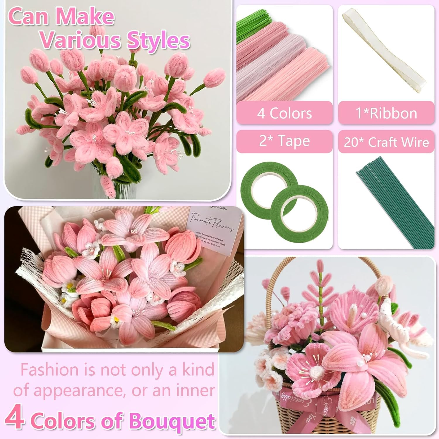 XUANZHI 400 Pcs Pipe Cleaners Craft,4 Assorted Colors Pipe Cleaners Bulk, Chenille Stems for DIY Flower Making Kit with Floral Wires, Gardening Tape,Stamen& Ribbon (Pink) image number 6