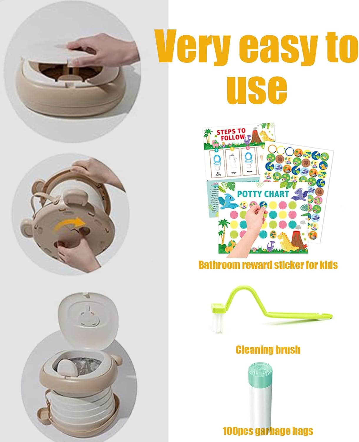 Potty Training Toilet,Foldable Car Potty for Toddler, Portable Toilet Seat for Kids with Toilet Liners, Toilet - Learning Sticker Chart, Toilet - Learning Chart, Disposable Bag, Portable Toilet Seat for Toddler Travel, Camping and Outdoor Use (Khaki)