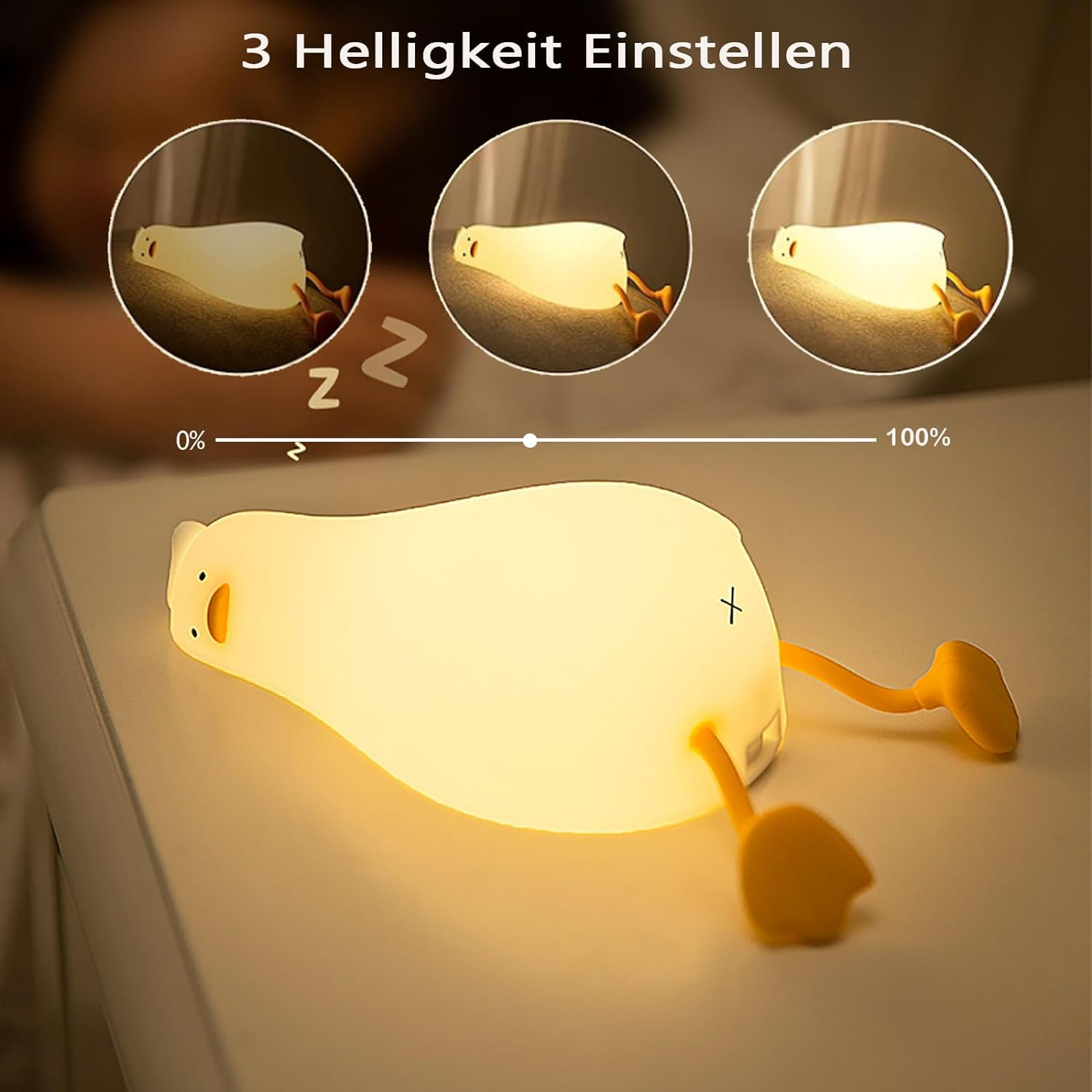 LED Lying Flat Duck Night Light 3 Level Silicone Dimmable Kawaii Nursery Nightlight Cute Light up Duck Rechargeable Bedside Touch Lamp for Breastfeeding Birthday Xmas Gift SH0048 image number 1