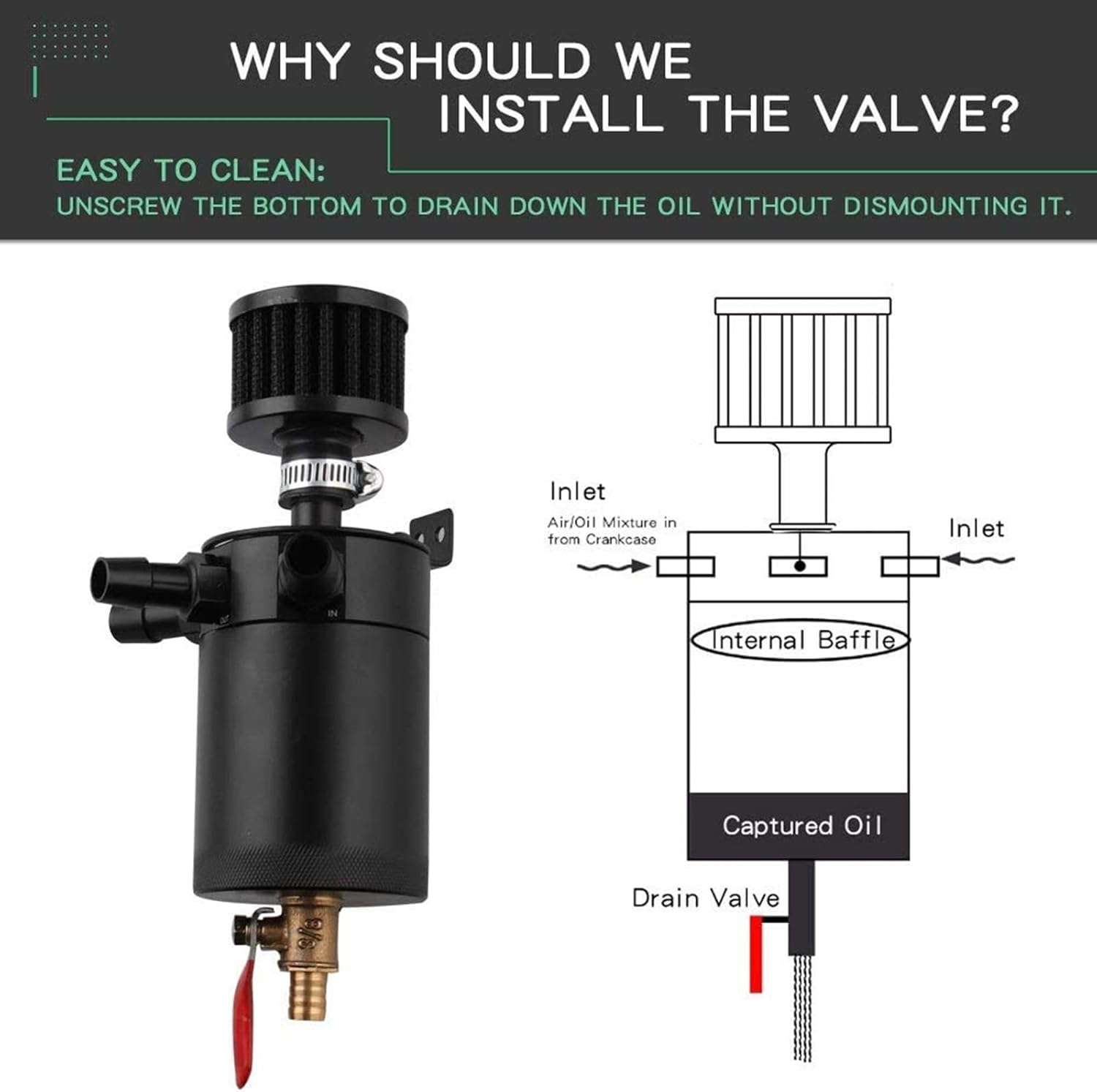 Sporacingrts 3 Port Oil Catch Can, 1 Oulet + 2 Intlet Compact Baffled Engine Oil Reservoir Tank with Breather Filter + Drain Valve image number 4
