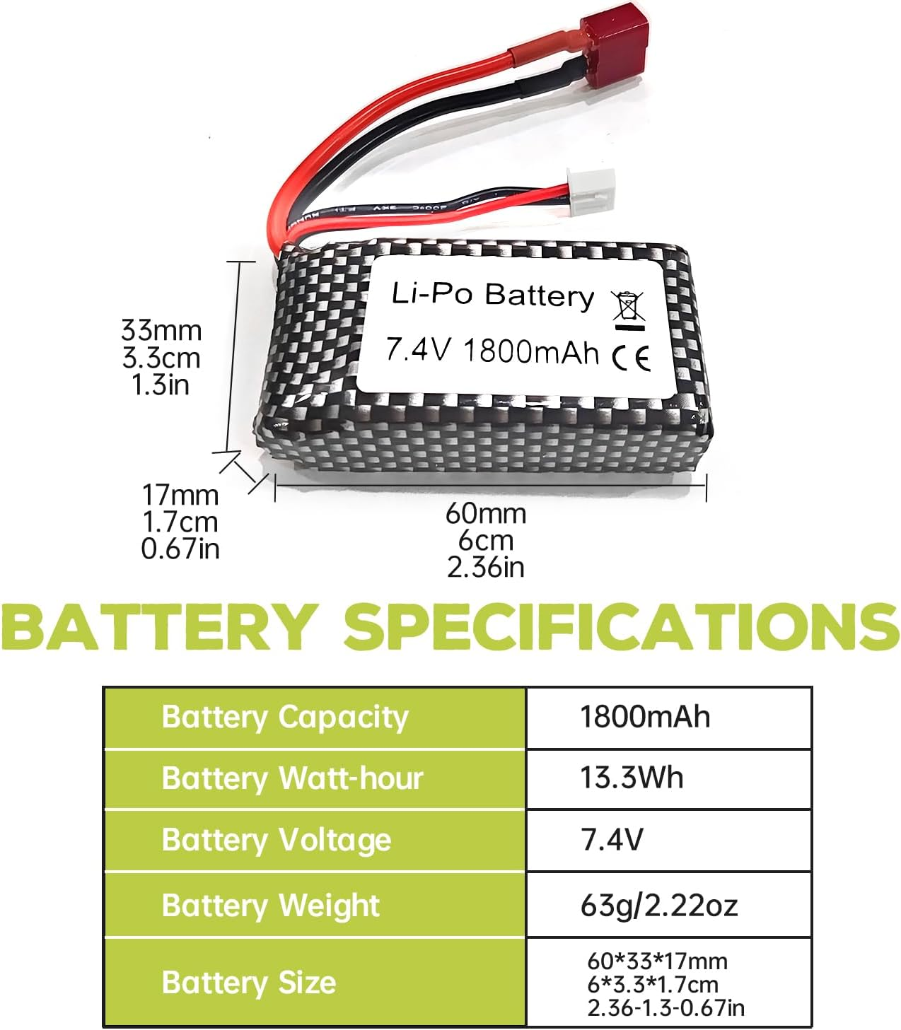 2PCS 7.4V 1800Mah Lithium Battery with 7.4V 2-In-1 Balance Charger for WLTOYS A959-B A969-B A979-B K929-B 144001 Spare Parts for High-Speed Vehicles, Remote Control Drones, Car Models, Ship Models, 25C High-Rate T-Head Lithium Batteries image number 1