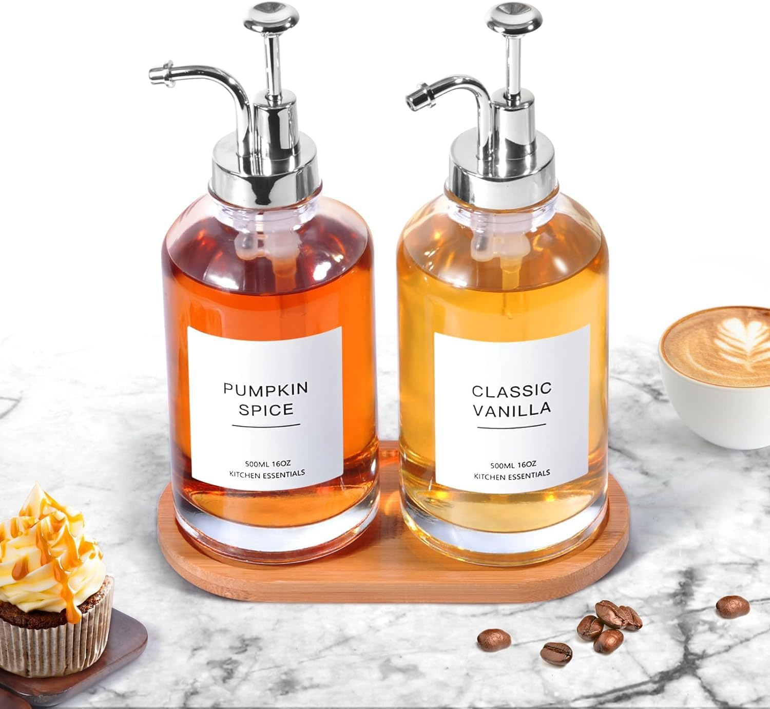 Syrup Dispenser, Coffee Syrup Dispenser for Coffee Bar, Simple Glass Syrup Bottle and Bamboo Tray, Syrup Pump Dispenser 16.9 Oz 500 Ml, Set of 2, Gold, Coffee Bar Accessory