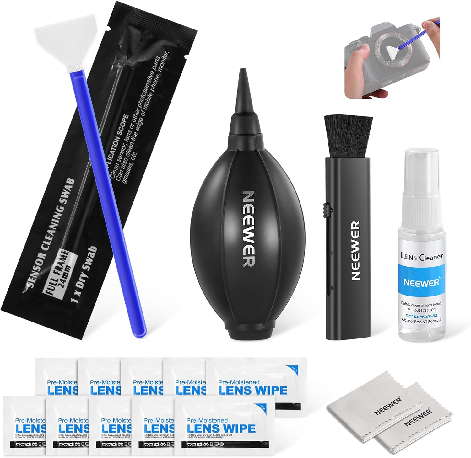 NEEWER 16 in 1 Camera Lens Cleaning Kit, 1X Brush + 1X Air Blower + 1X Cleaning Swab for 24Mm Full Frame Sensor + 1X Cleaner Spray + 2X Cloth + 10X Wet Lens Wipe, HM-44 image number 3