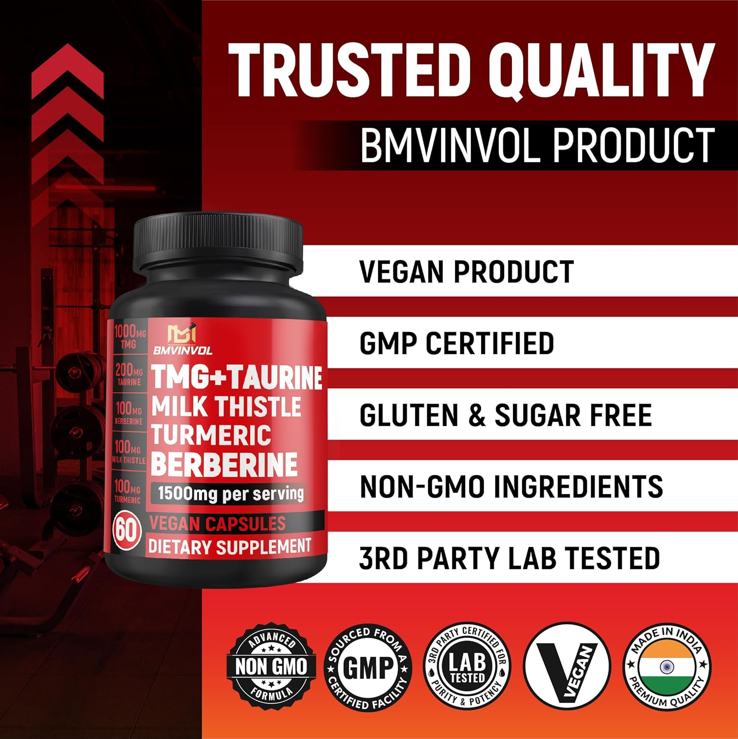 TMG Trimethylglycine Supplement with Taurine, Berberine, Milk Thistle, Turmeric - 60 Vegan & Non-Gmo image number 4