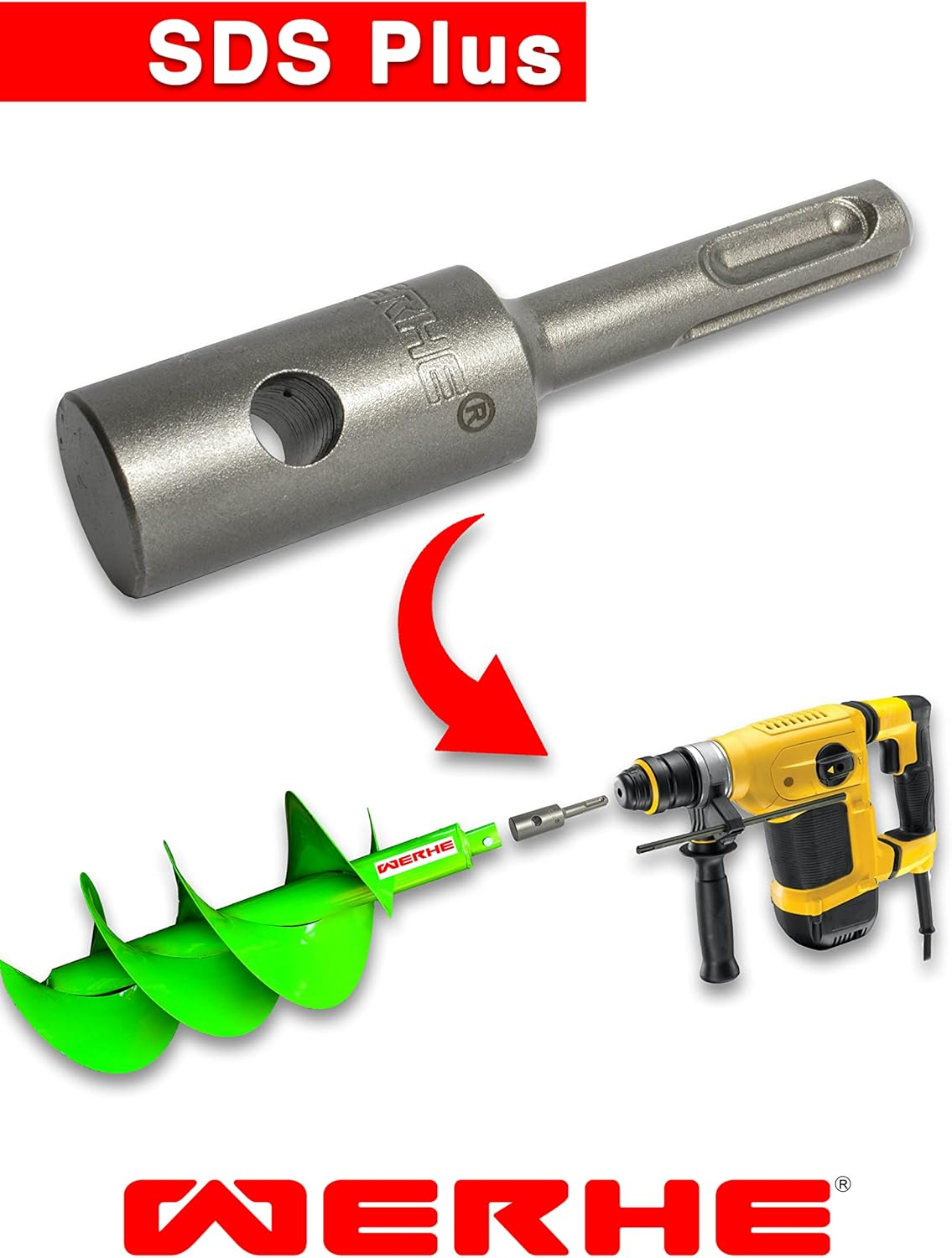 WERHE Professional Adapter for Earth Auger Suitable for SDS plus Drill, Cordless Drill, Post Drill with Bolts Made of High-Quality Spring Steel