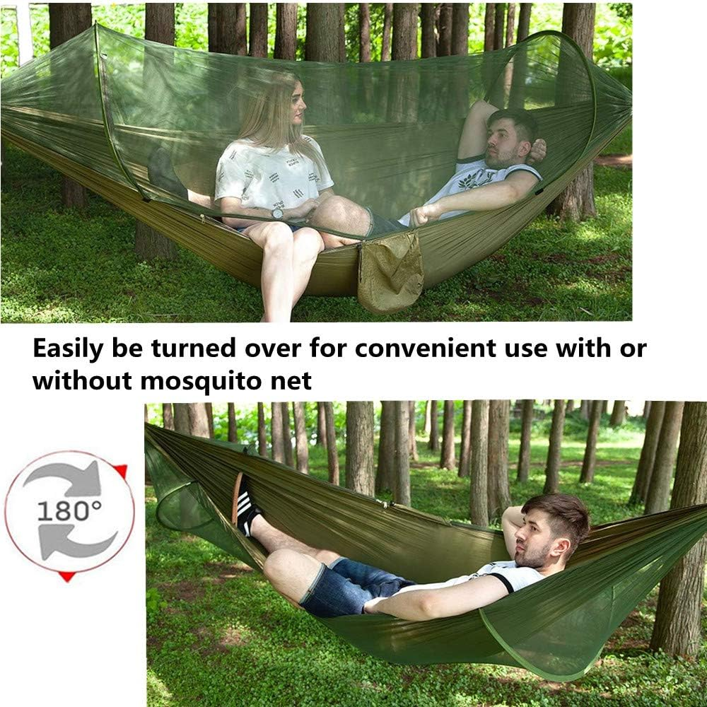 Camping Hammock with Net, Lightweight Portable Double Parachute Hammocks, 210T Nylon, High Capacity and Tear Resistance, Perfect for Camping, Backyard Relaxation (Armygreen) image number 4